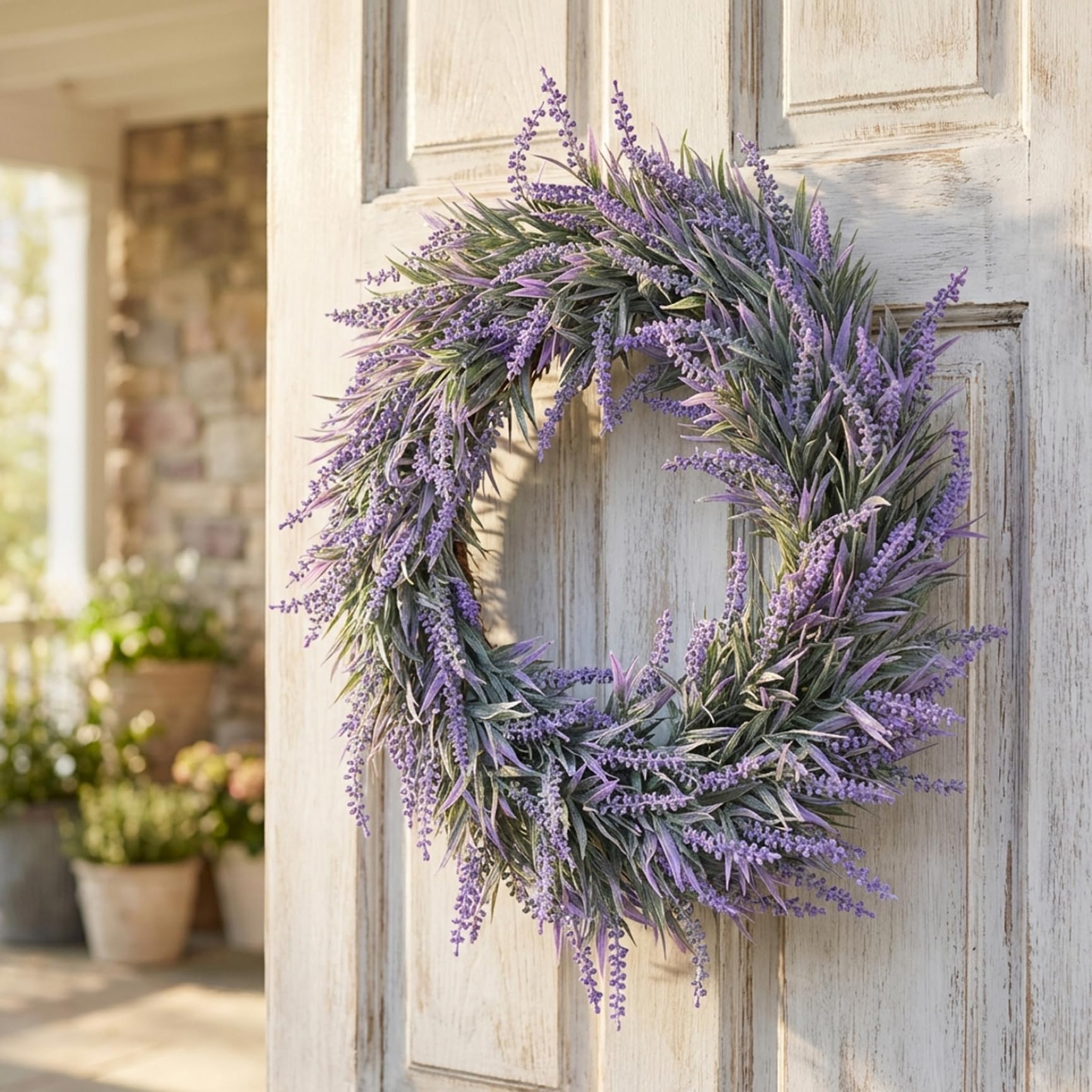 Lavender Wreath, 15 Inch Artificial Spring Wreath for Front Door - Purple Floral Door Wreaths for Home Decor All Seasons, Indoor Outdoor