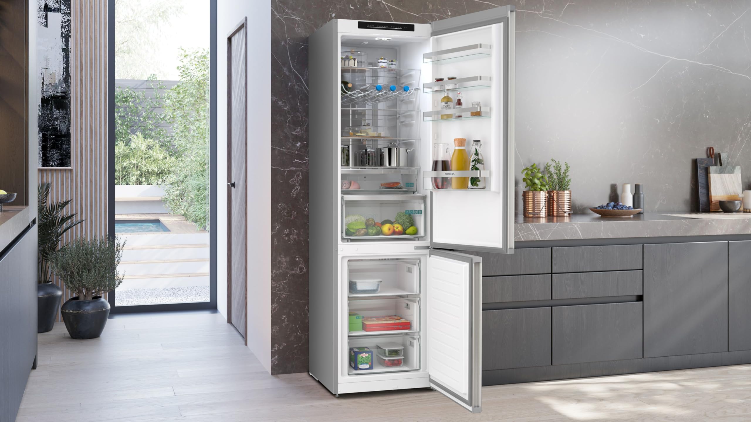 Siemens iQ300 Freistehende Kühl-Gefrier-Kombination 203 x 60 cm, KG39NVIBG, 260 L Kühlen & 103 L Gefrieren, Total noFrost, Nahtlose Platzierung, hyperFresh Technologie, LED Beleuchtung, Edelstahl