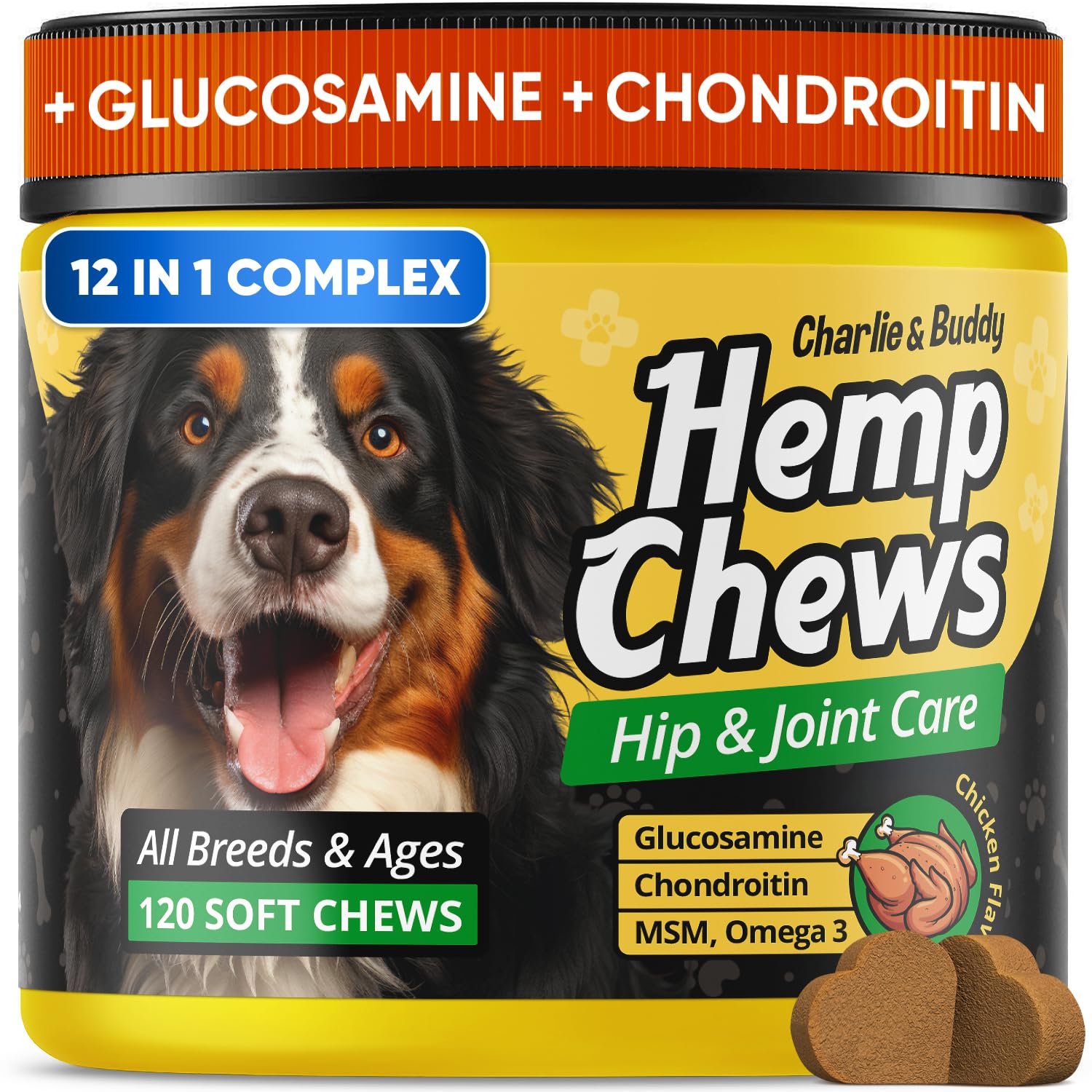 Glucosamine for Dogs - Hеmp Calming Chews with Glucosamine & Chondroitin - Daily Support with MSM, Omega 3 and Turmeric for Senior and Large Breed Dogs - Chicken Flavor, 120 Soft Treats