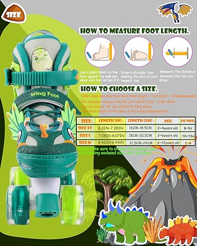 Miniatura 2 de Dino - Patines de ruedas para niños y niñas, WESKIFAN Dinosaur Quad Skating Shoes con ruedas brillantes y tamaños ajustables para principiantes para