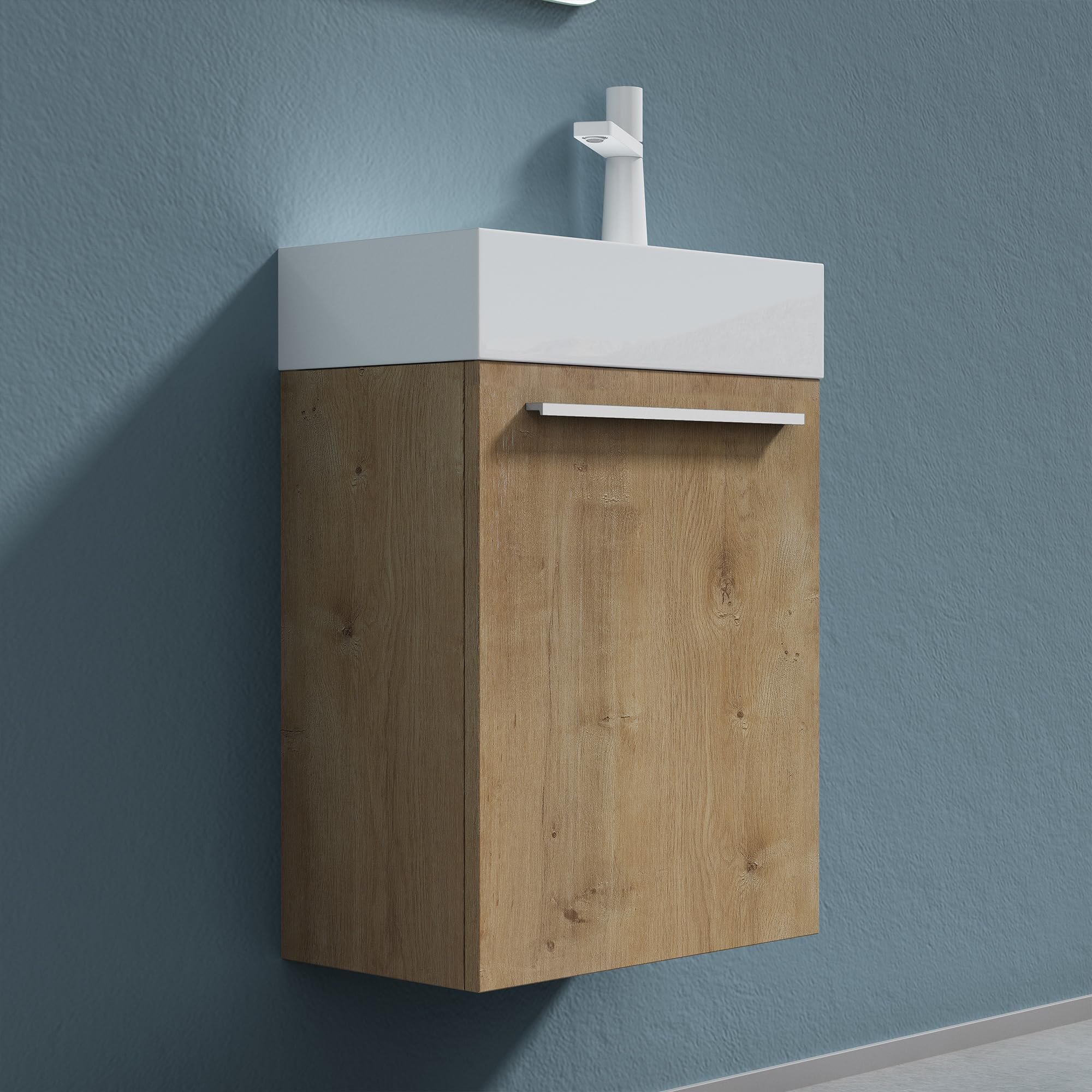 doporro Mobile Bagno Sospeso 46cm Marrone Chiaro, Mobile Sottolavabo per WC Ospiti con Lavabo in Marmoresina Bianco, Pisa