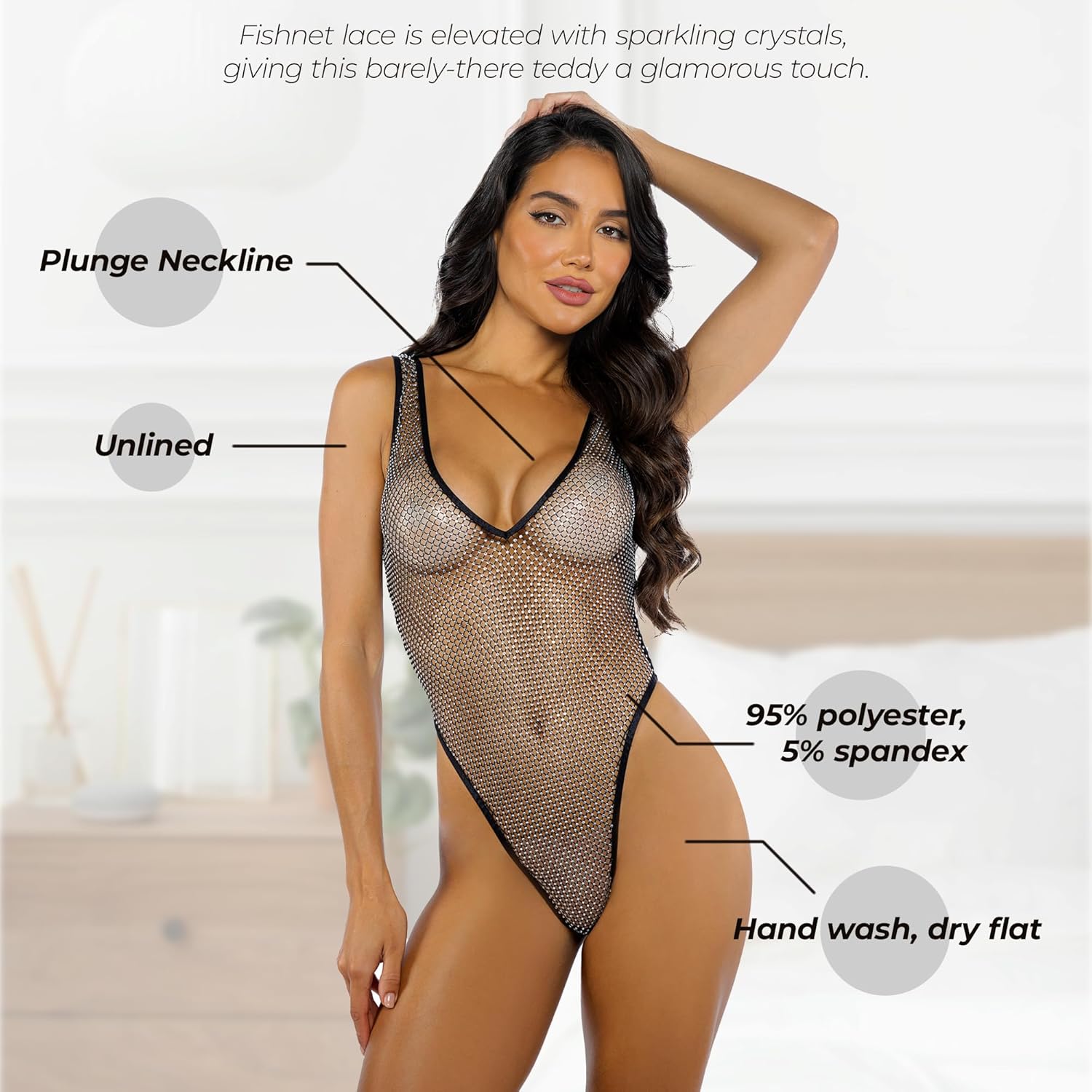Roma Confidential Fishnet Teddy Lingerie for Women Sexy Rhinestone Bodysuit Lingerie Teddy, Sparkly Exotic Wear Dancer Outfit