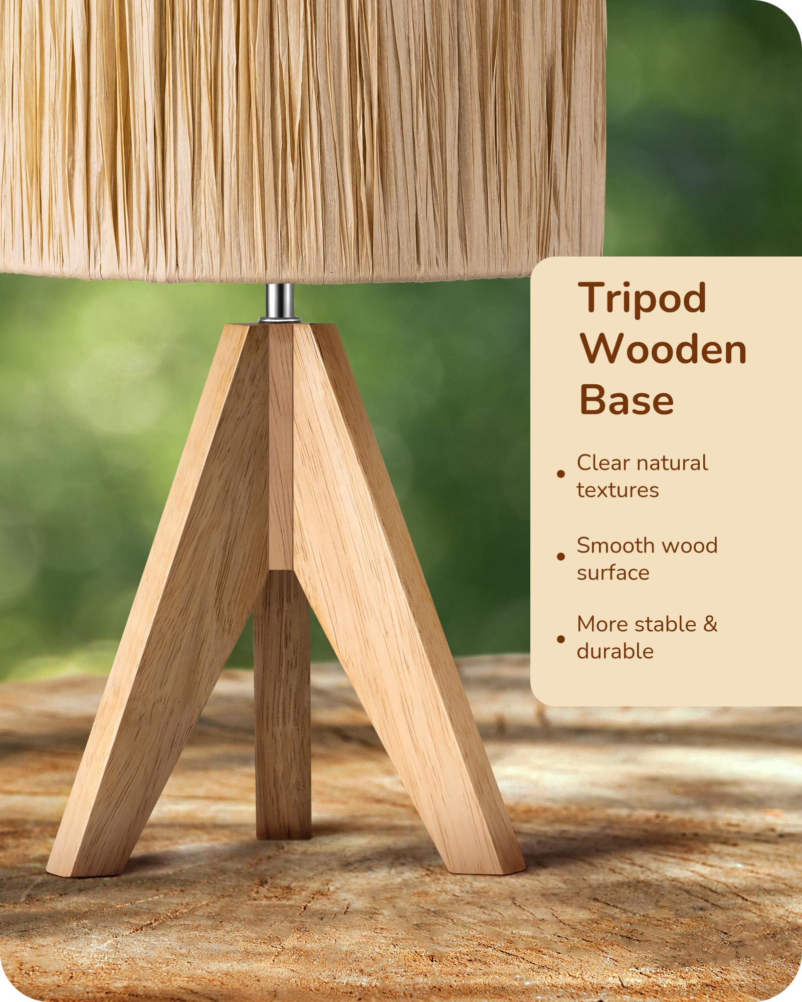EDISHINE Small Rattan Table Lamp, Rustic Wood Tripod Bedside Lamp, Wrinkled Paper Lampshade - Image 4