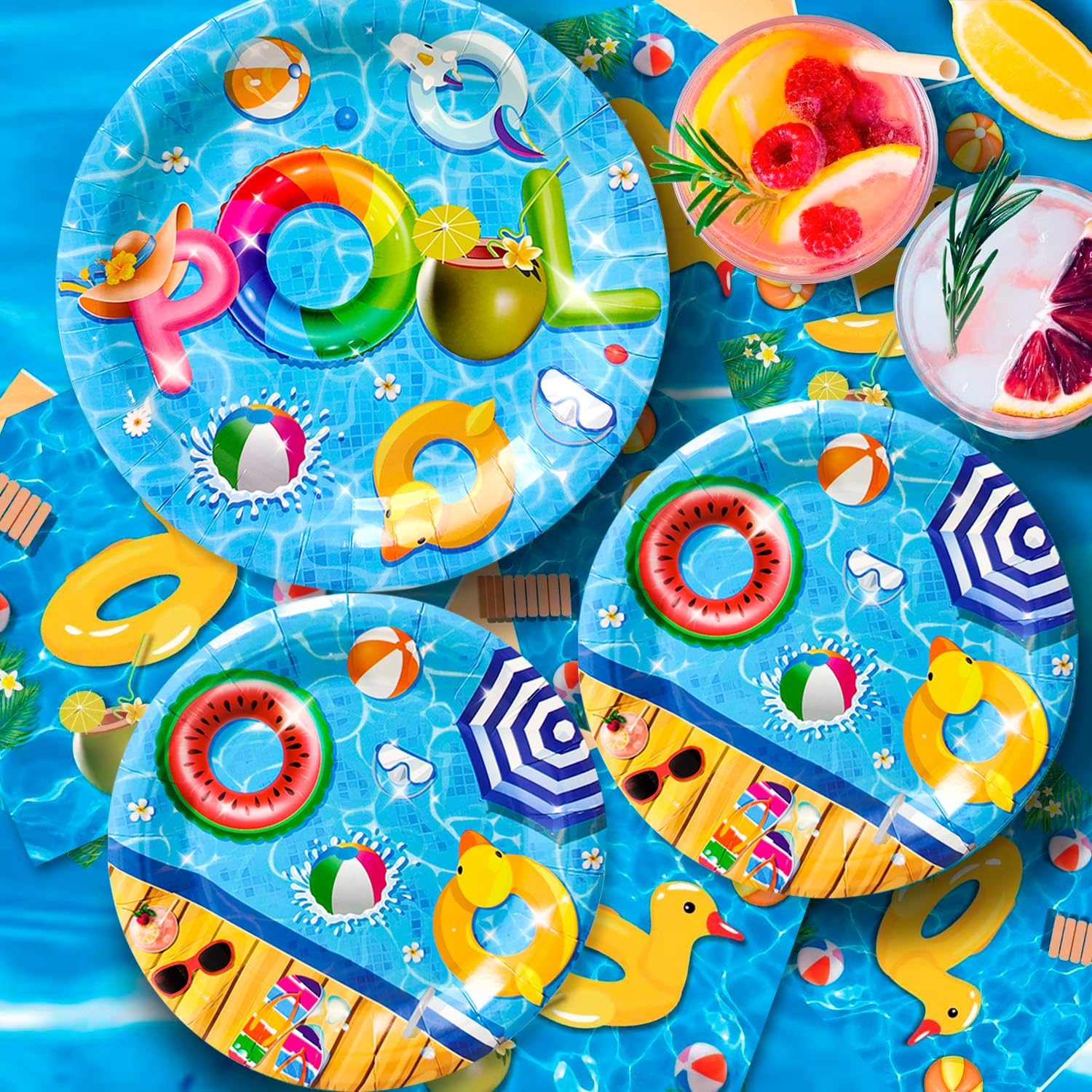 Set di stoviglie per feste in piscina, 97pcs decorazioni per feste in piscina tovaglia, piatti di carta, tovaglioli e bicchieri, per decorazioni da tavola per feste per 24 ospiti