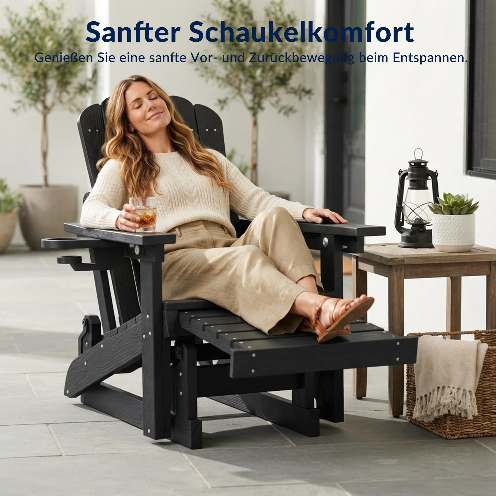 Adirondack Stuhl mit Fußstütze, HDPE Adirondack Chair Gartensessel mit Getränkehalter und Gleitfunktion, verstellbare Rückenlehne, wetterfest und pflegeleicht für Garten, Terrasse und Balkon
