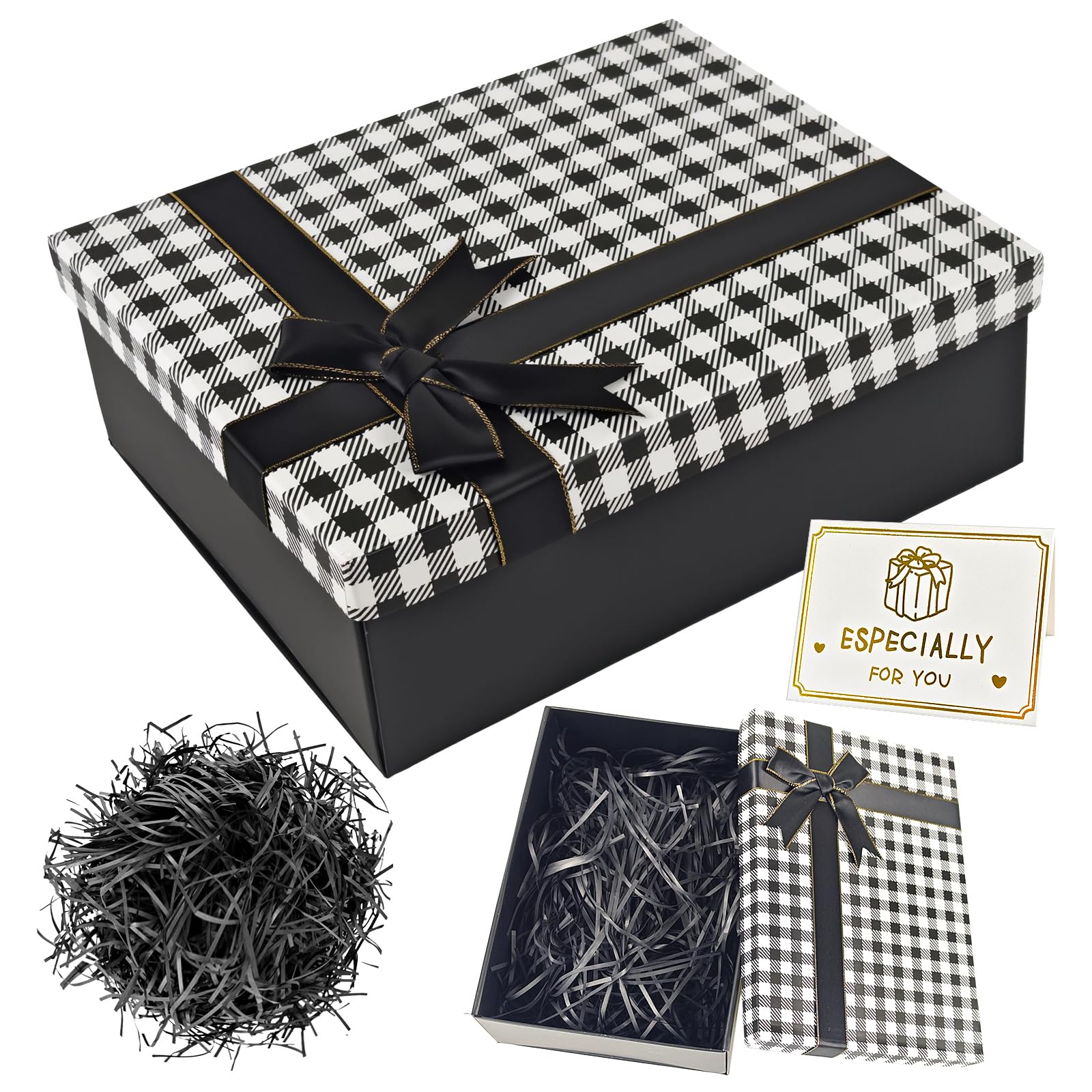YIMETOP Gift Box with Lid, Premium Present Box 25x18x9cm Medium Gift Box with Shredded Paper Ribbon Greeting Card Unique Design for Valentinstag, Birthdays, Wedding Anniversary, Anniversaries (Black)