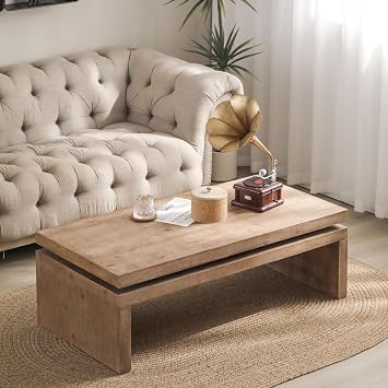 47.6" Wood Coffee Table, Mid Century Modern Farmhouse Wooden Coffee Tables for Living Room Natural Solid Firwood Tabletop Rectangle Center Table for Apartment Home Office Tea Table Natural