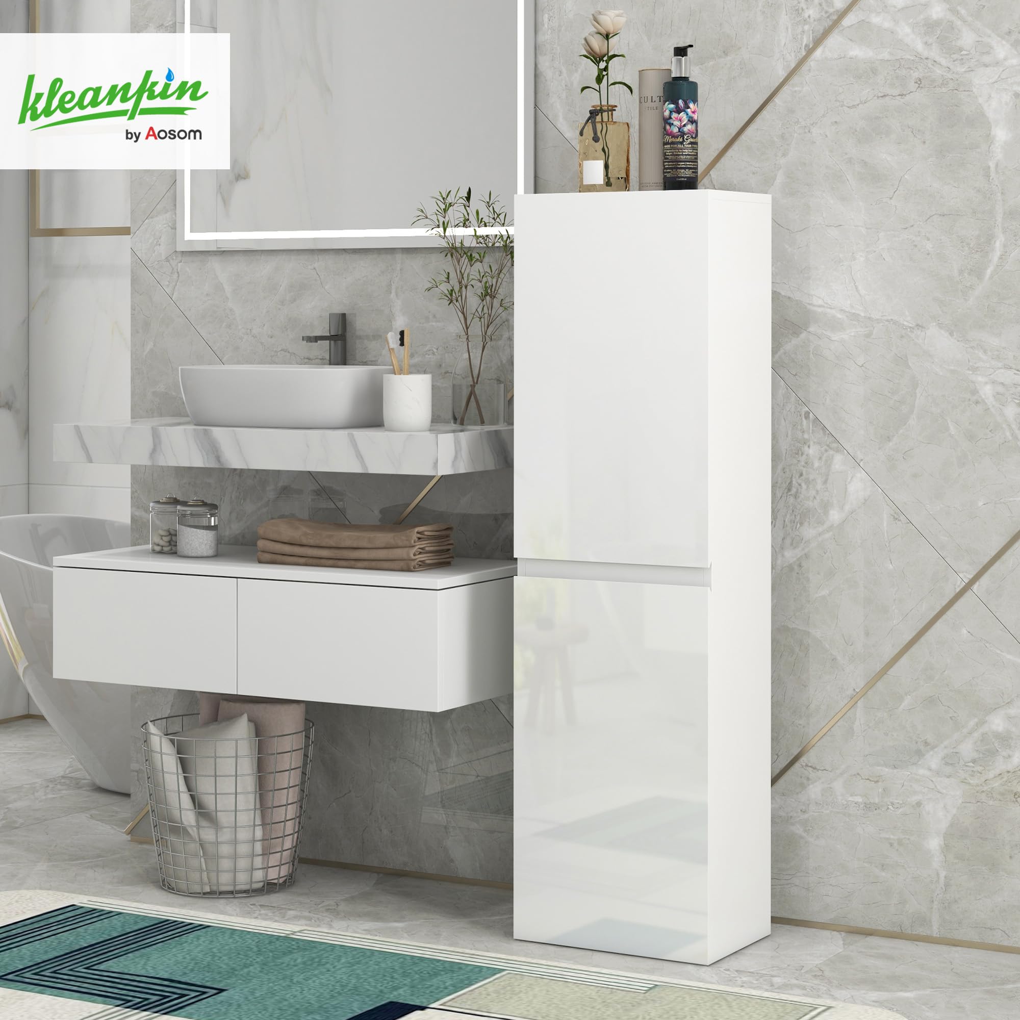 kleankin Mueble Alto de baño, Mueble Alto de almacenaje, Acabado Alto Brillo, estantes Regulables, 2 armarios, Estante de almacenaje de baño, 35 x 25 x 120 cm, Lacado en Blanco