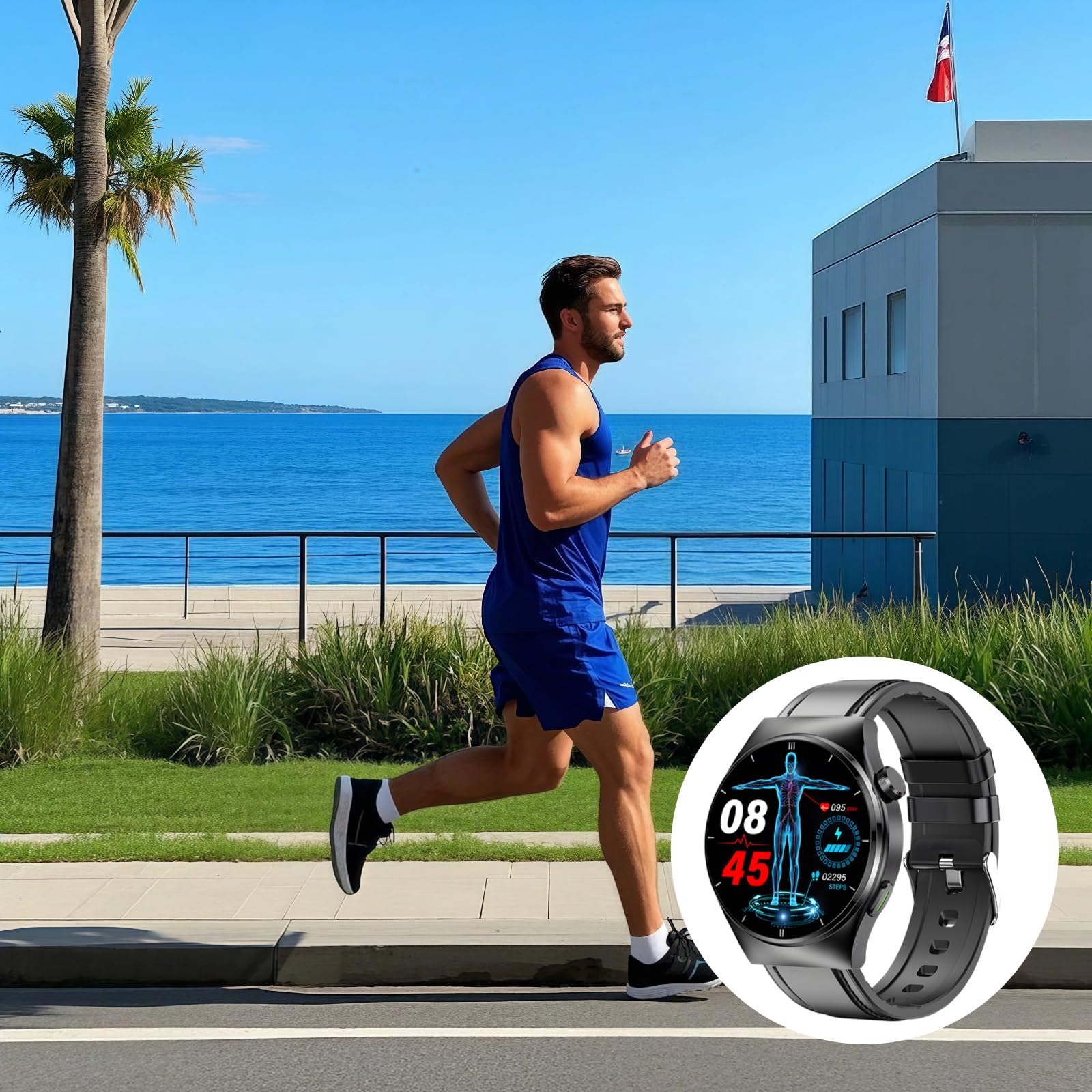 Fitness & Health Smart Watch dla mężczyzn z połączeniami, monitorowaniem tętna i ciśnienia krwi, czarny, silikonowy pasek