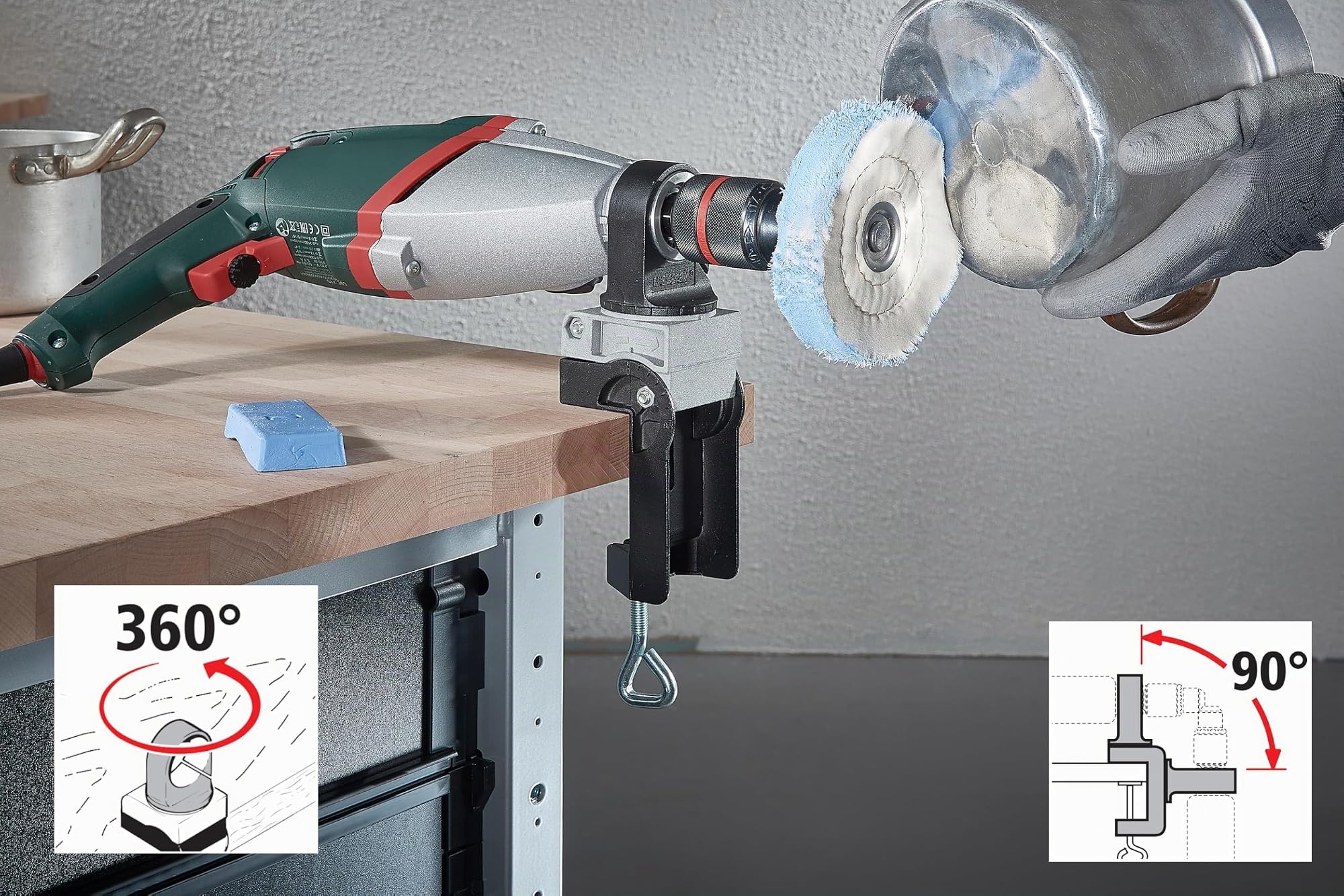 Soporte combinado wolfcraft para taladros, aluminio fundido a presión I 4800000 I giratorio 360° en horizontal y 90° en vertical, acoplamiento según norma europea de Ø 43 mm