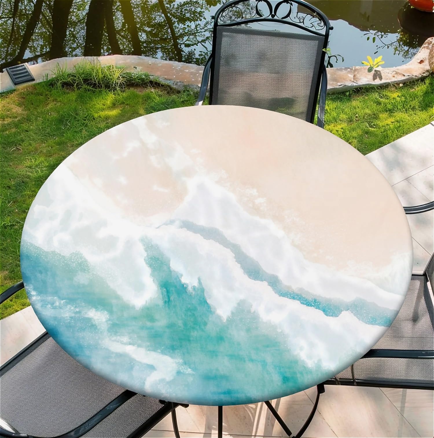 artslion Round 36in Tablecloth with Elastic Fits Tables Size 36",Retro Floral Wipe Outdoor tablecloth, Stain Resistant Table Cover for Kitchen Dining Parties