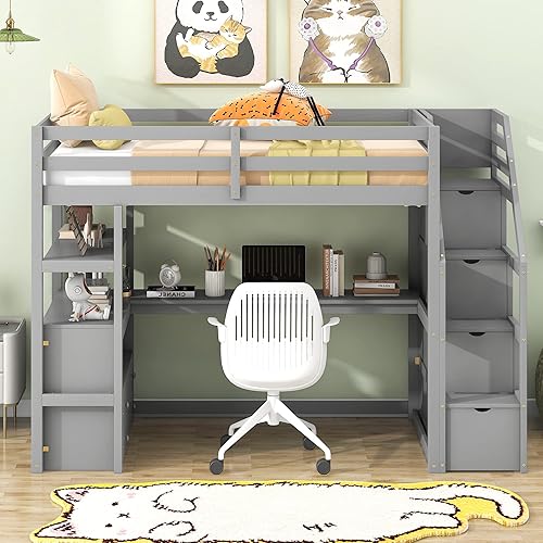 Miniatura 21 de Quarte Cama alta multifuncional, cama alta tamaño matrimonial con escritorio integrado y estantes de almacenamiento, dos cajones y escalera de