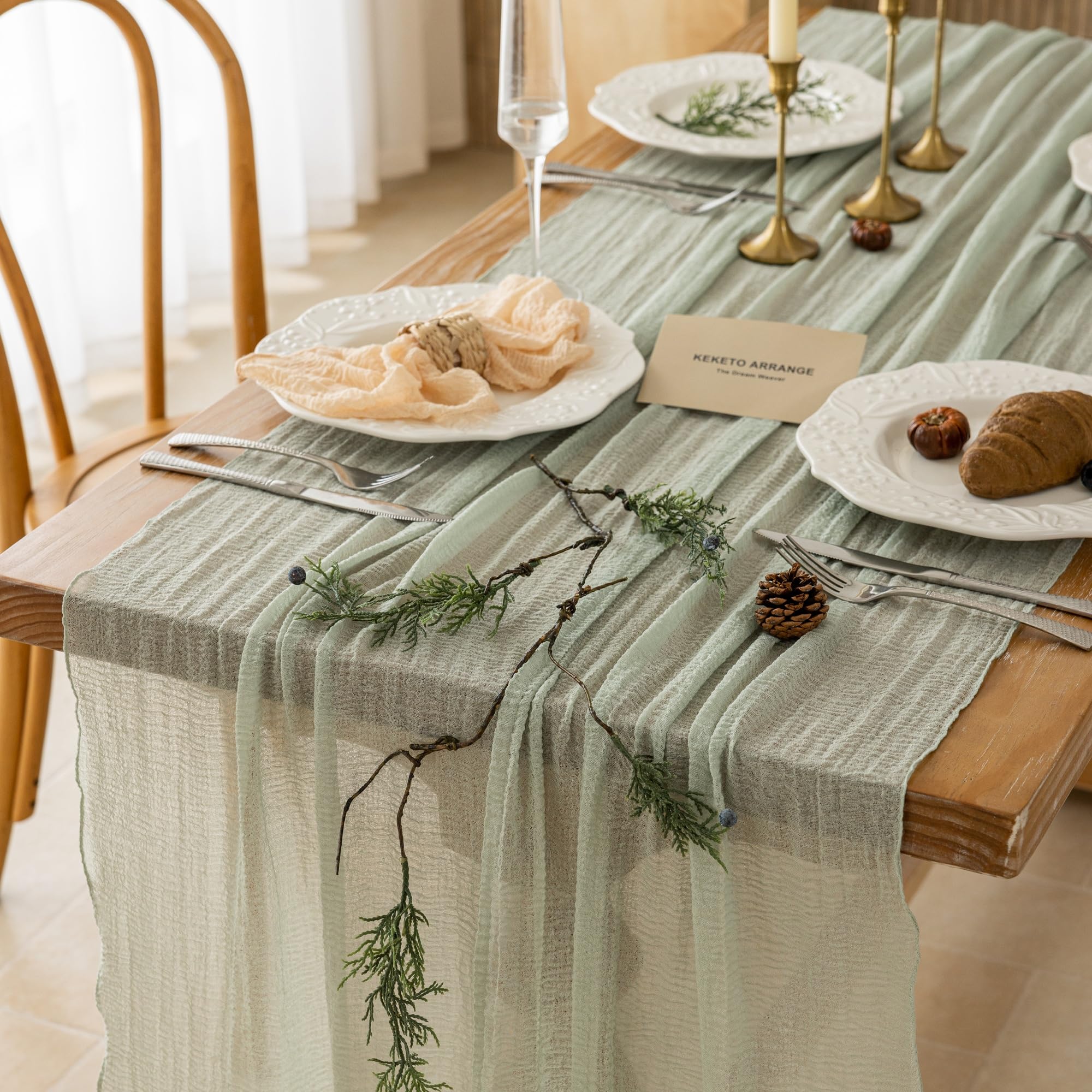 2Pcs Sage Green Cheesecloth Table Runner 120 Inches for Party Home Decor