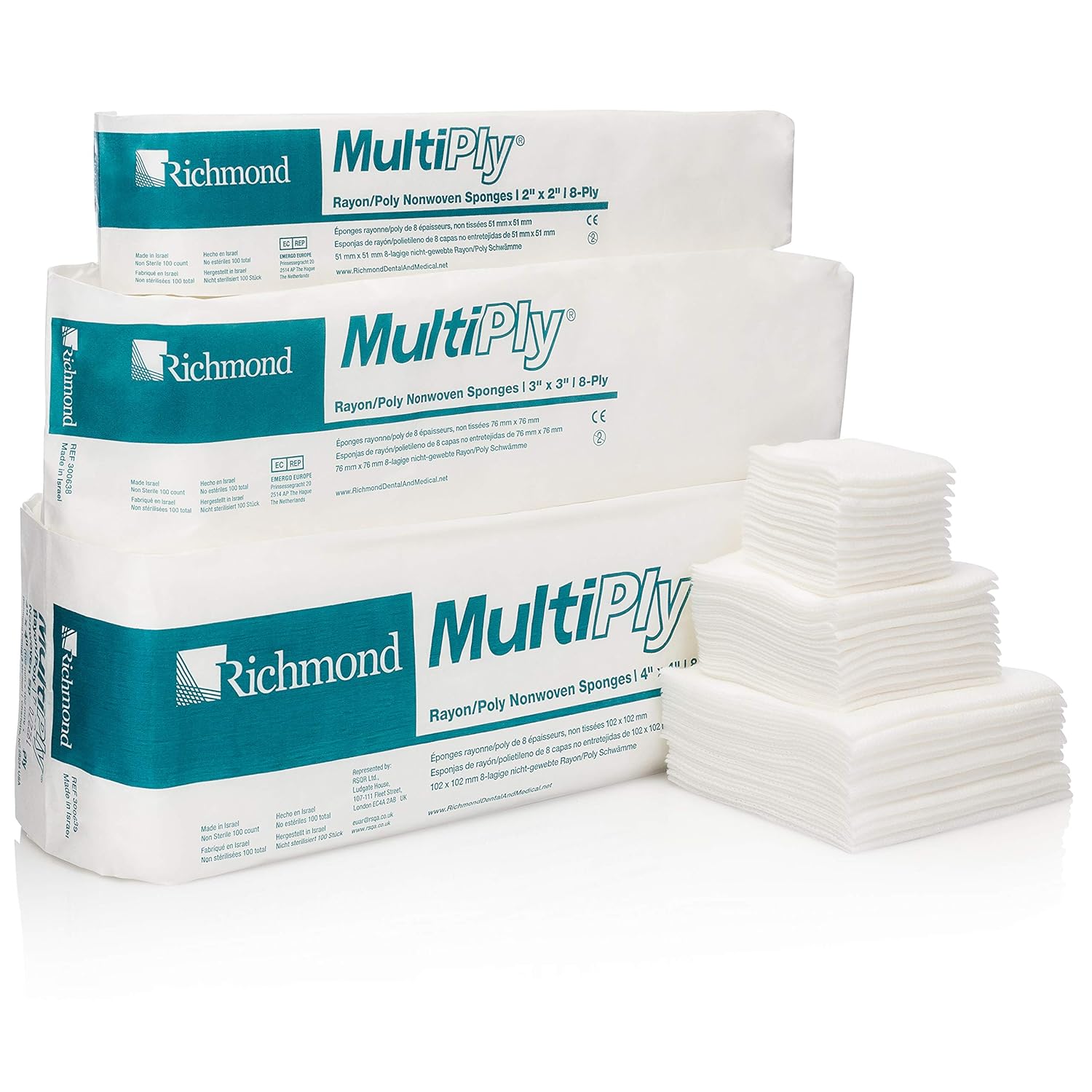Richmond Dental 300637 Multiply Poly/Rayon Non-Woven Sponge, 8-Ply, Non-Sterile, 2" Width, 2" Length (Pack of 3000), 2"x2"