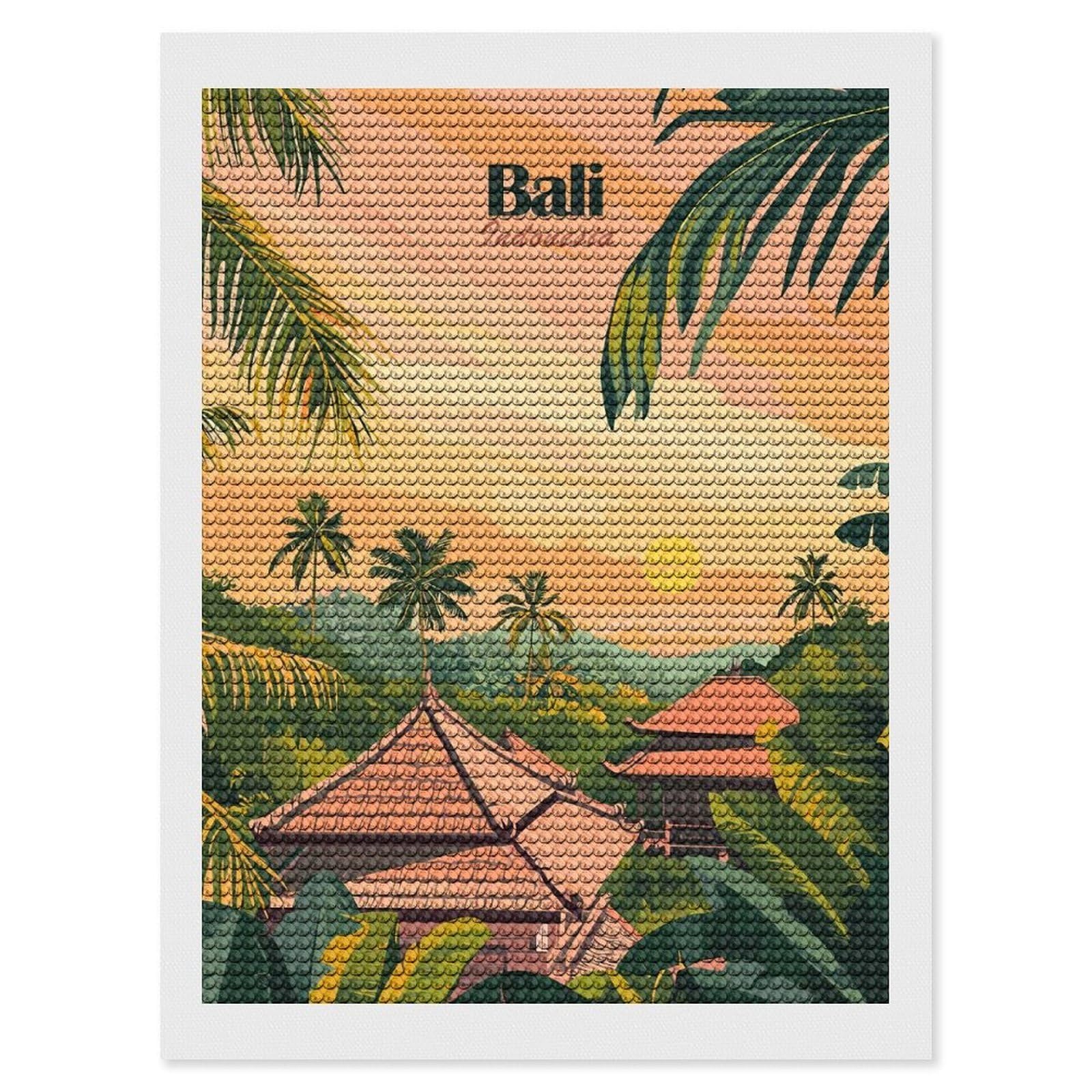 Junmoney Bali, Indonesia Travel (6) Diamond Painting Set 12"x16", Holiday Gift Idea, for Creative Relaxation, Fun Craft Experience, Vintage Style Decor