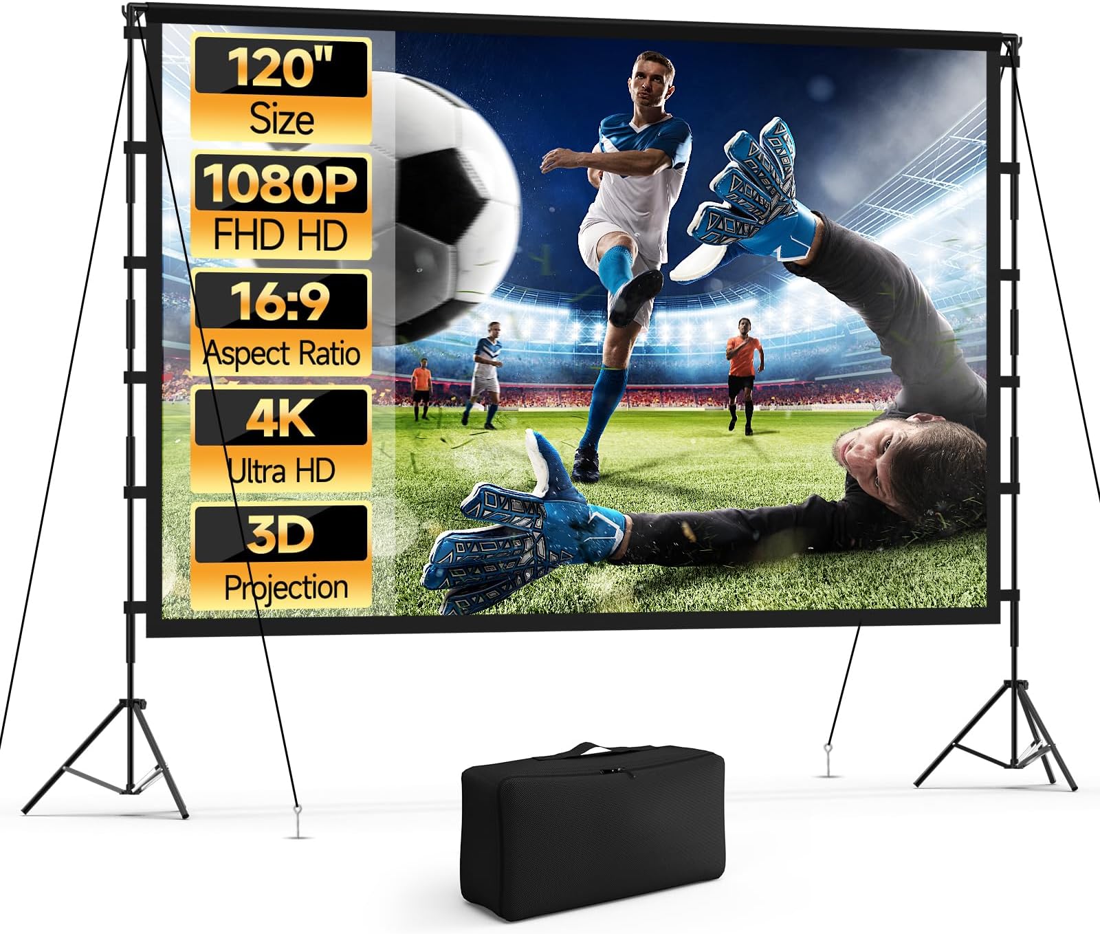 Outdoor Projector Screen with Stand 120 Inch, Vamvo Portable Projector Screen Indoor Outdoor with Carry Bag, 16:9 4K HD Movie Screen for Home Backyard Theater