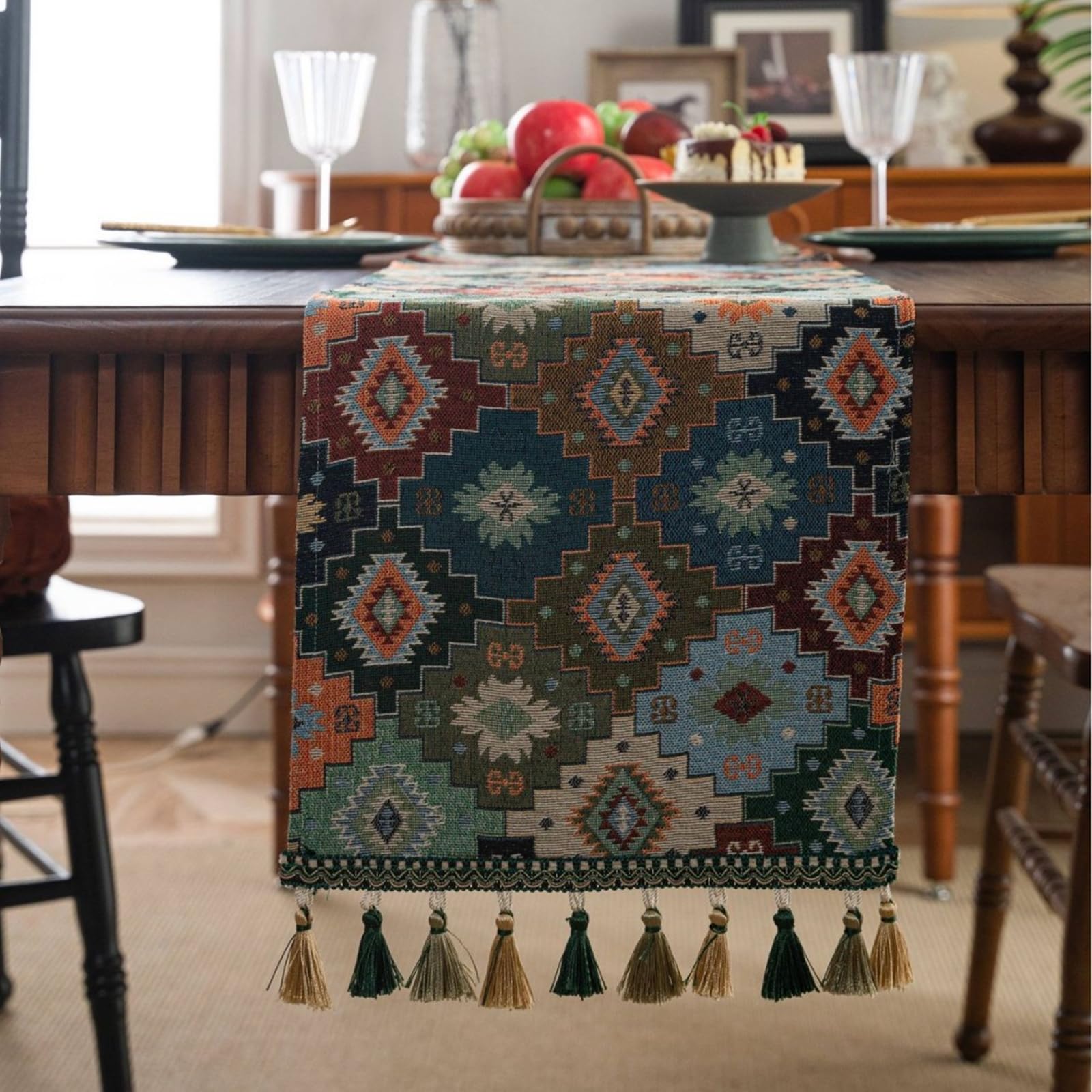 Runner da Tavolo Poliestere Cotone 33x400 cm, Runner da Tavola Moderno Lavabile Motivo Rombi Jacquard con Nappe Decorazioni per Tavolino da Compleanni Matrimoni, Blu Verde