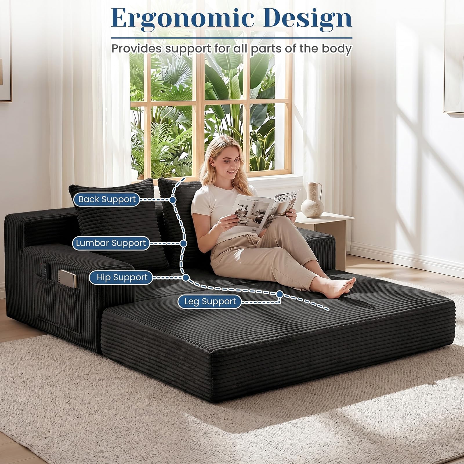 Convertible Sofa Bed,Small Boneless Couch & Boneless Loveseat,Pull Out Couch Bed for Small Spaces,Premium Luxe Corduroy Folding Floor Futon Sleeper with Side Pocket & 2 Pillows, No Assembly Required