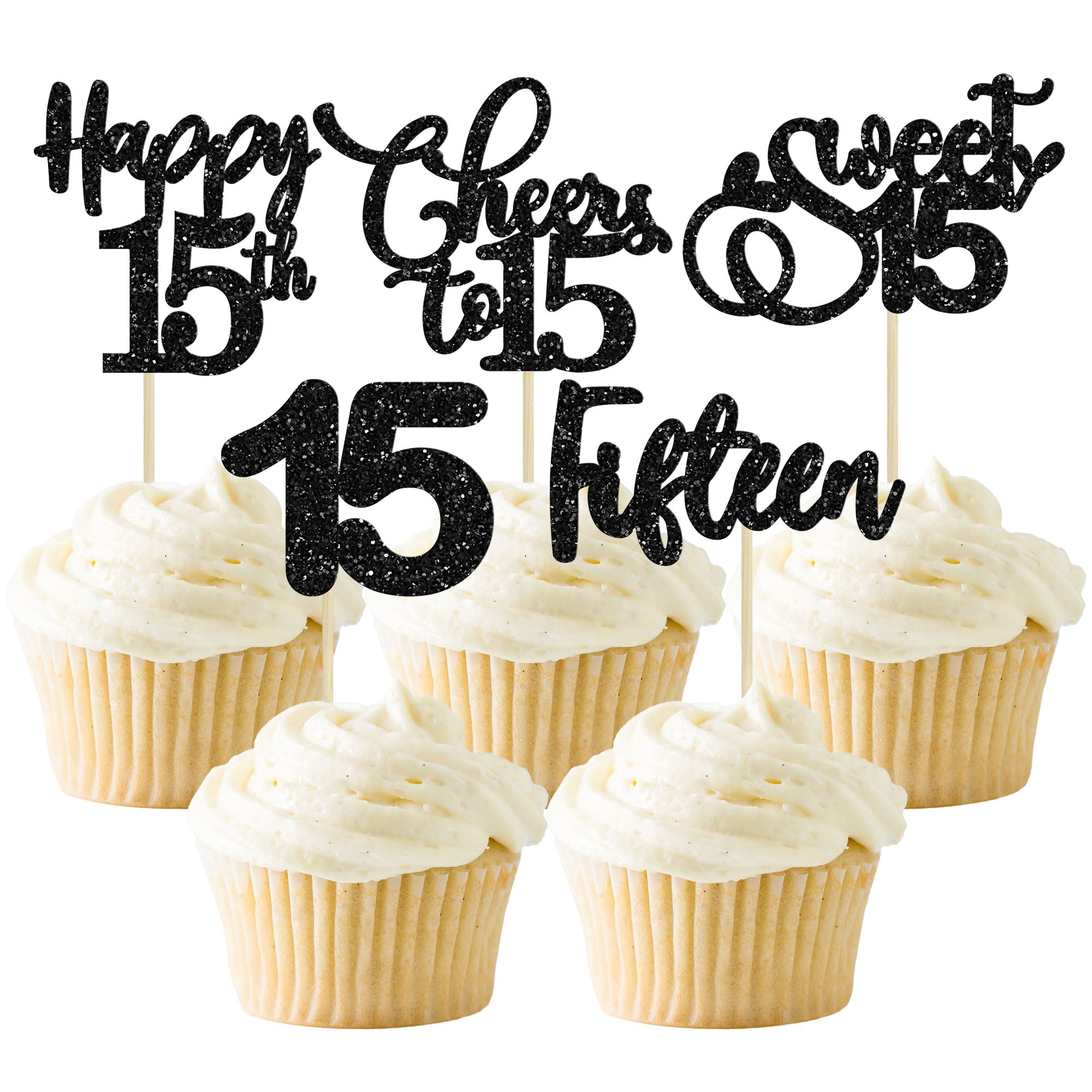 30 Pack Happy 15th Birthday Cupcake Toppers Black Glitter - Fifteen Cheers to 15 Years Old Picks for Anniversary Party Cake Decorations