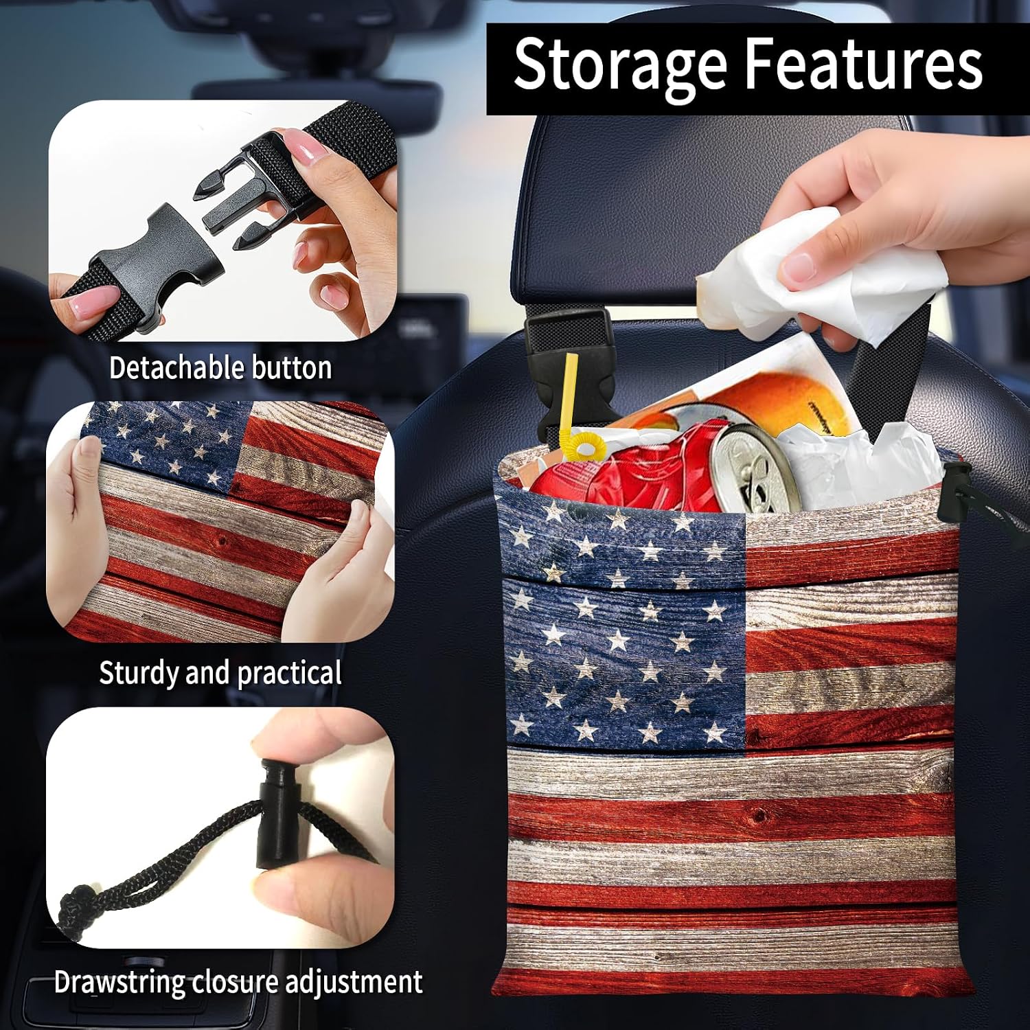 Car Trash Bag Large Hanging Can for Back of Seat, Cute Waterproof Car Garbage Bag for Vehicle, Travelling, Outdoor Retro USA Flag image 2