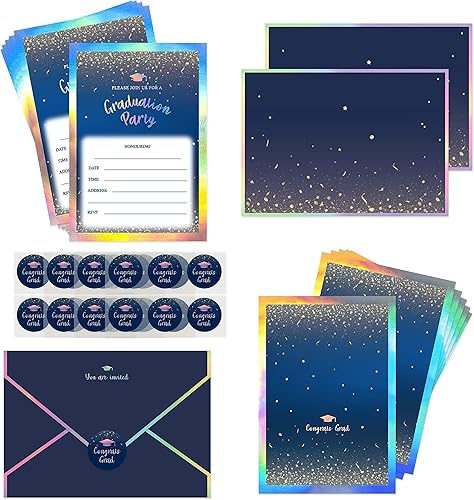 Miniatura 9 de Cheerland Juego de tarjetas de invitación de graduación con sobres, calcomanías de confeti dorado, holográfico, azul, invitaciones para clase de