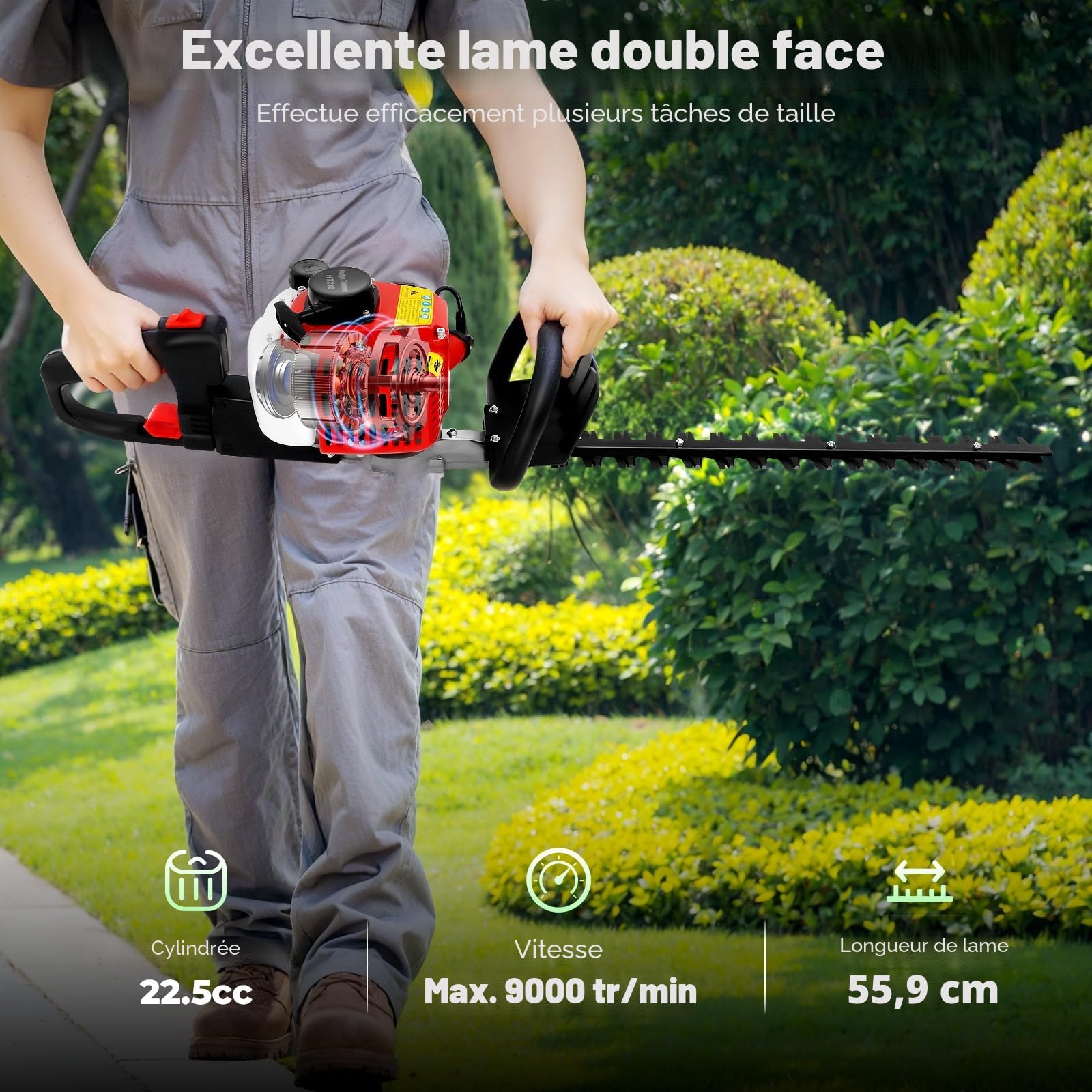 Taille-haie à essence avec lames professionnelles durables en acier trempé, longueur de coupe de 560 mm, poignée rotative à 180°, embrayage centrifuge, poignée ergonomique, moteur puissant à 2 temps