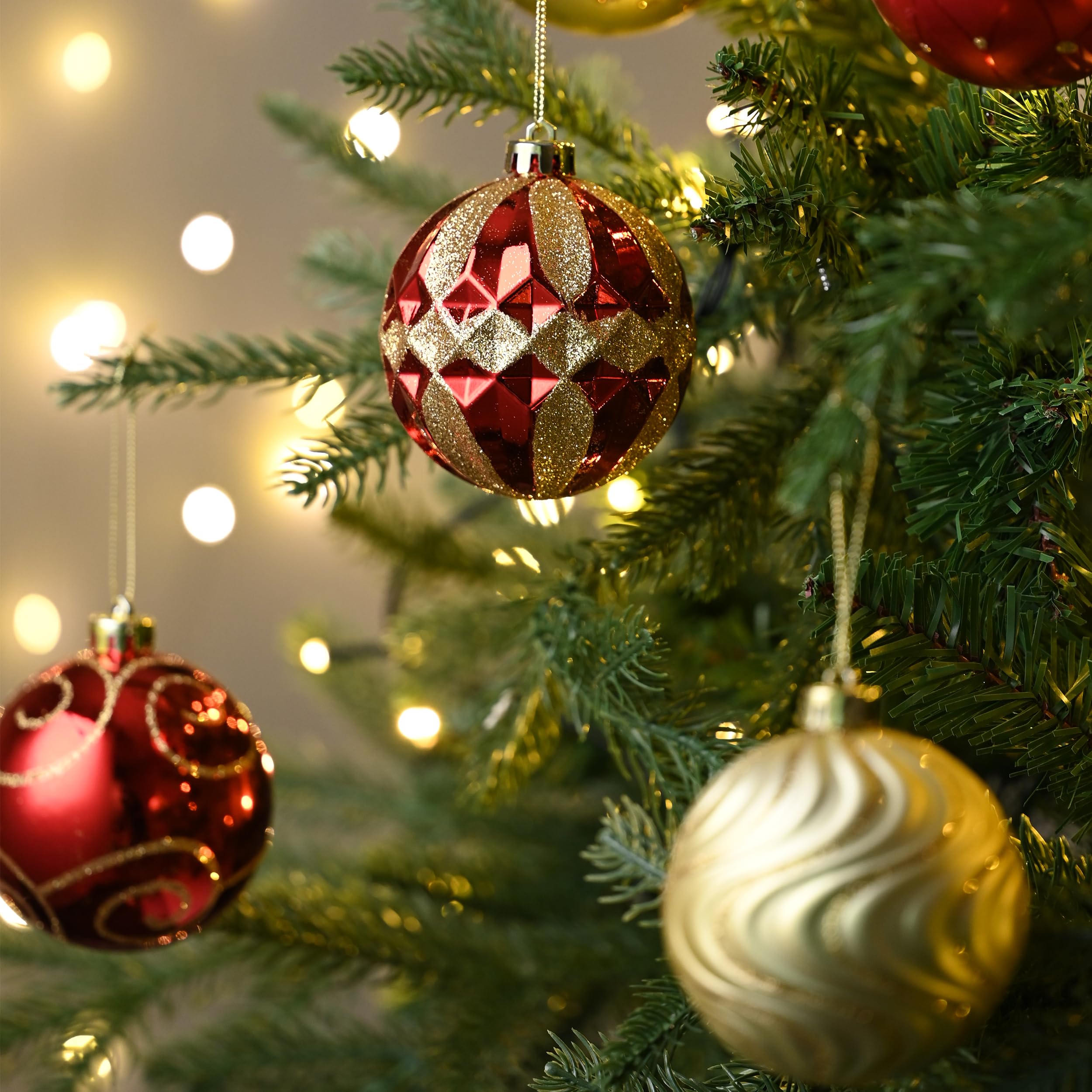 Valery Madelyn 16pcs 8cm Boules de Noël, Thème Rouge Or pour Sapin de Noël, avec Ficelle Fixé, Incassable, Emballage de Papier Kraft comme Cadeaux