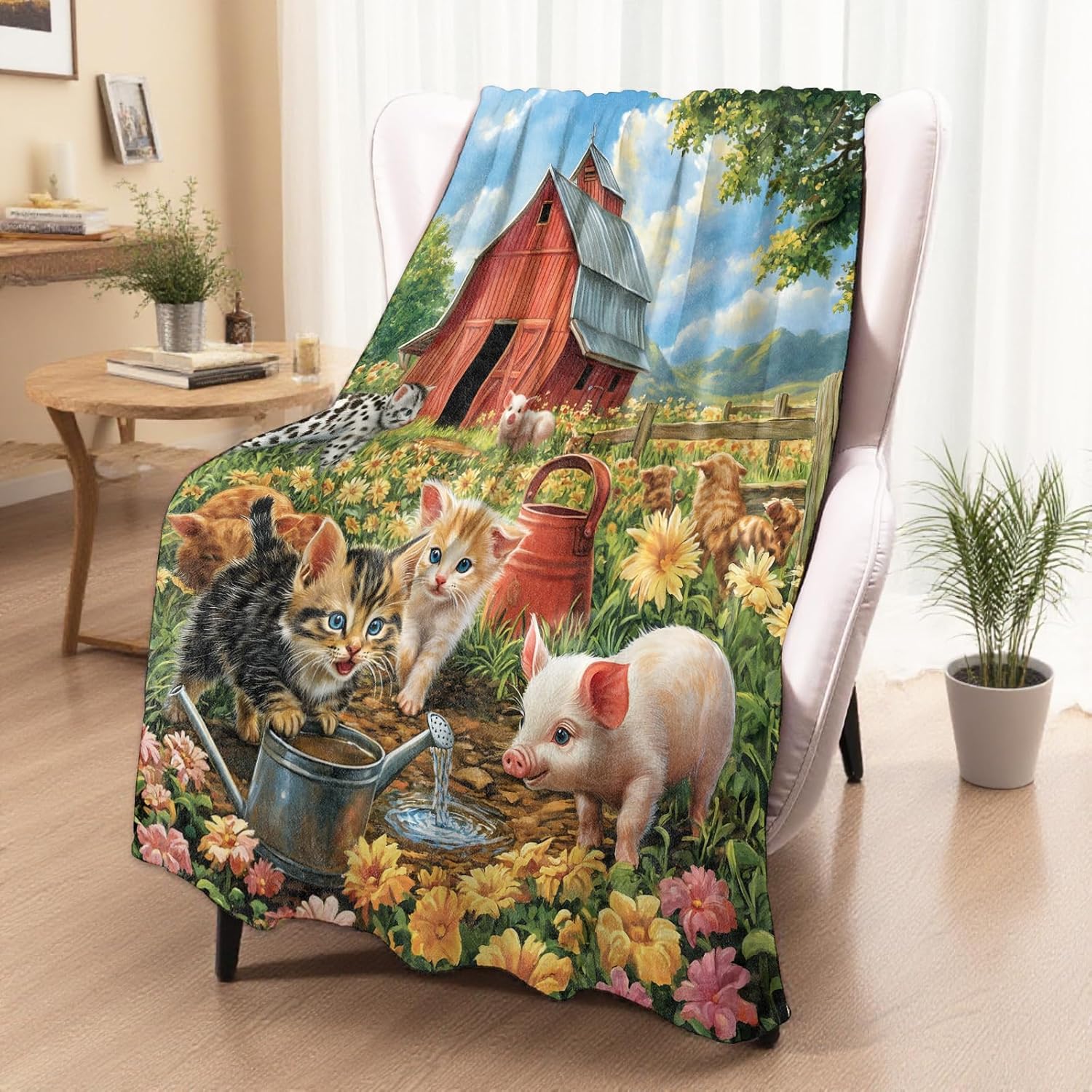 Cute Cat and Pig Blanket, Cozy Throw Blanket for Couch Bedroom Outdoor, Lightweight Soft Flannel Travel Blankets, Gifts for Women Boys Girls and Animal Lovers, Home Cabin Farm Decor 50"×60" - Image 2