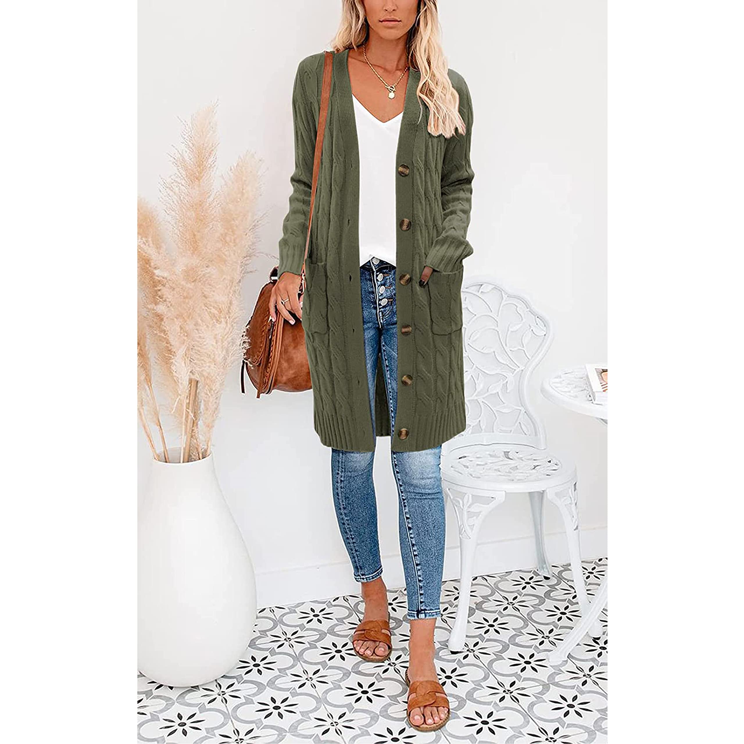kinstell Damen-Strickjacke mit Knöpfen, langärmelig, dick, geflochten, lang, für Freund, Opa, Braun