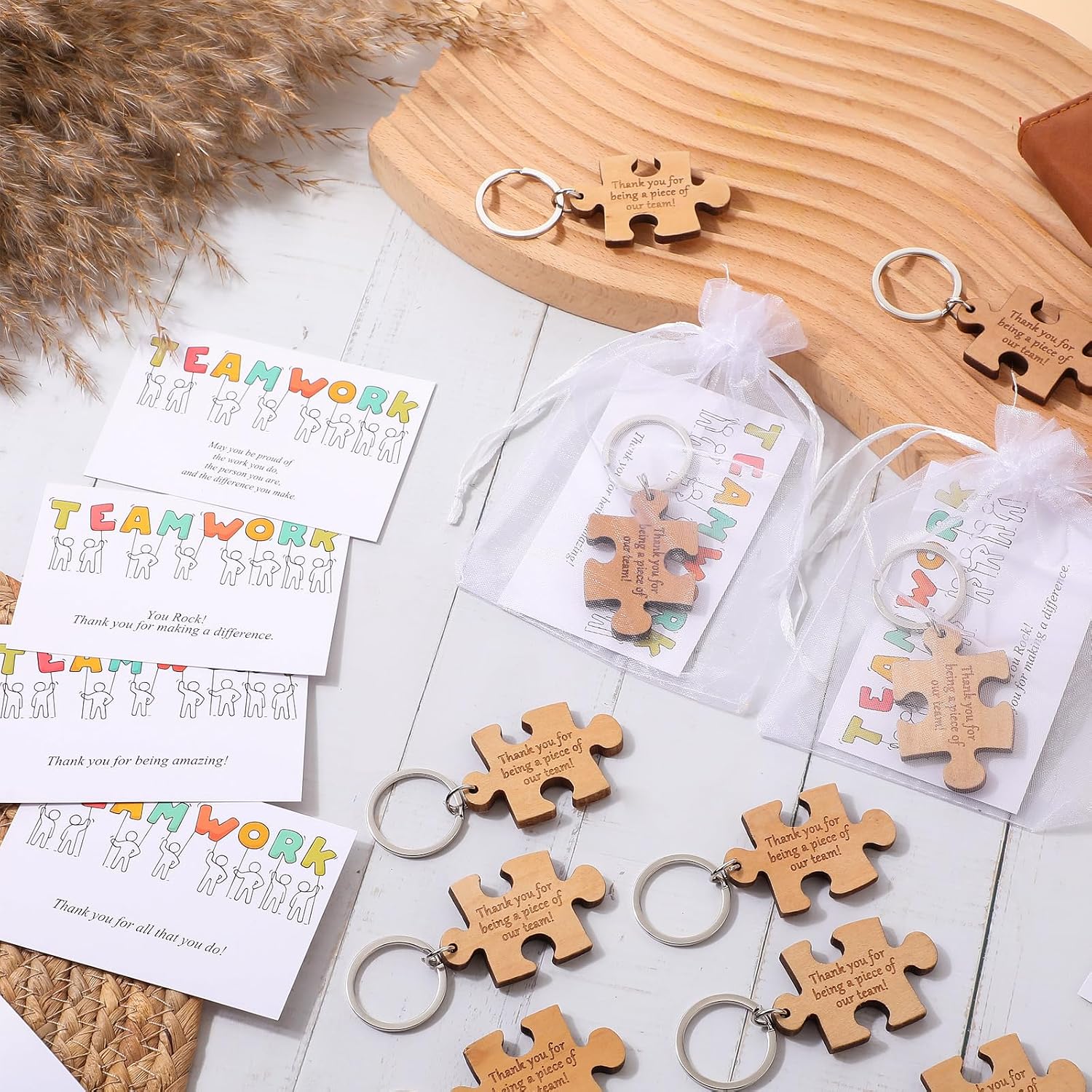 Ecation Team Appreciation Gift for Coworker Wooden Puzzle Keychain Bulk with Thank You Card for Staff Social Worker(60 Set)