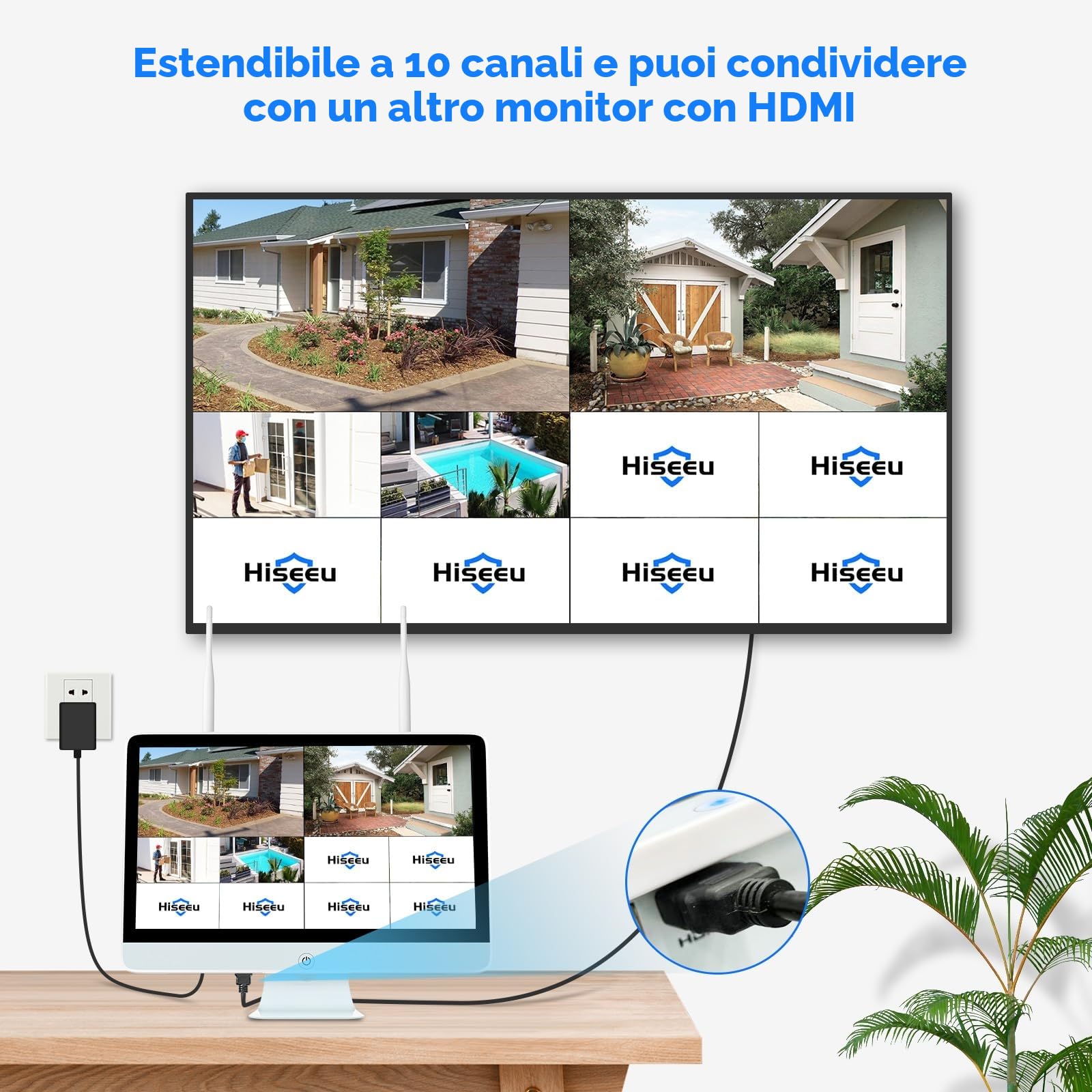 【10CH 15" Monitor+3TB HDD】Hiseeu 5MP Kit Videosorveglianza PTZ WiFi Esterno con Monitor 10CH 5MP NVR e 4X5MP Telecamera Wi-Fi,Visione Notturna a Colori,Rilevamento Umano,Sirena Remoto Vista Alexa