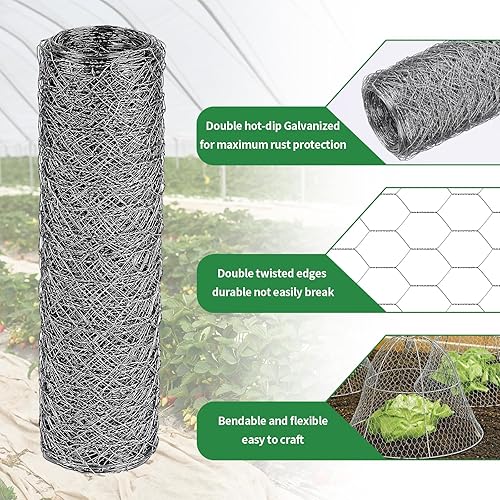 Miniatura 4 de ROADPLUM Malla de alambre de pollo de 13.8 x 590 pulgadas, barrera de valla de jardín de hierro galvanizado a prueba de óxido para mascotas,