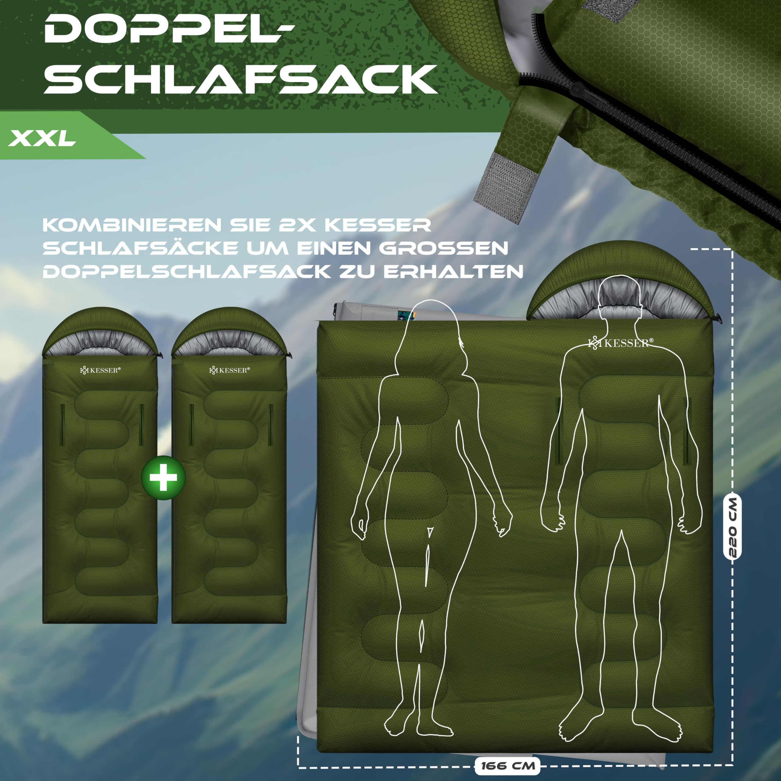 KESSER® Schlafsack Outdoor | Deckenschlafsack 3-4 Jahreszeiten | Camping-Sleeping-Bag für Erwachsene & Kinder | Leicht Tragbar Warm & Wasserabweisend inkl. Campinglampe & Seitentasche