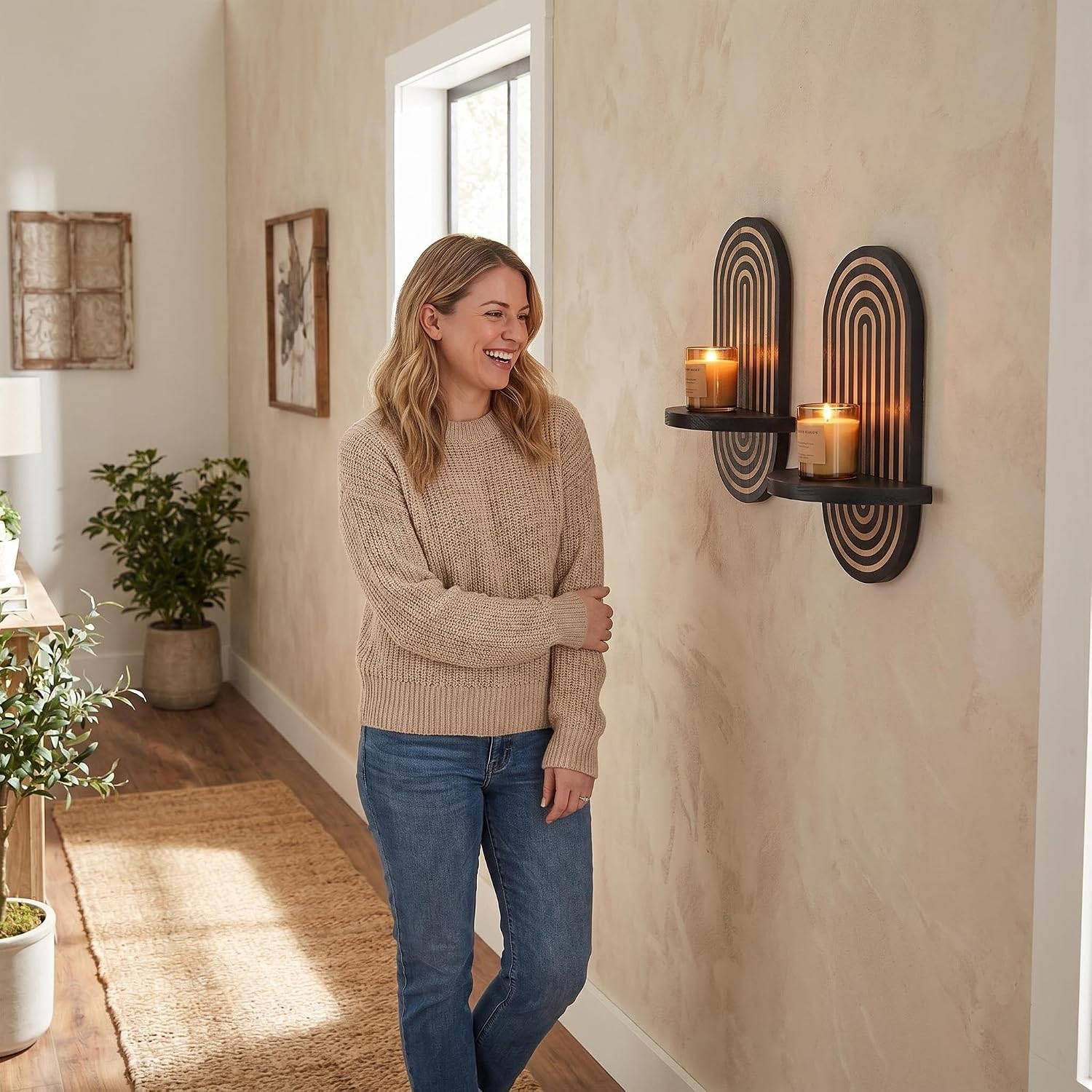 Black Arch Candle Sconces Set of 2, Wooden Wall Mounted Candle Holders for Pillar Candles & Tealight Candles, Boho Farmhouse Wall Decor for Hallway Fireplace Bedroom Living Room