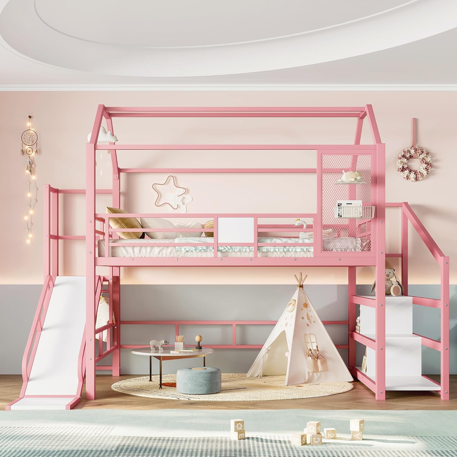 LUMISOL Full Size Metal House Loft Bed with Slide and Stairs,Heavy Duty Playhouse Loft Bed Frame with Storage Shelves for Kids, Pink