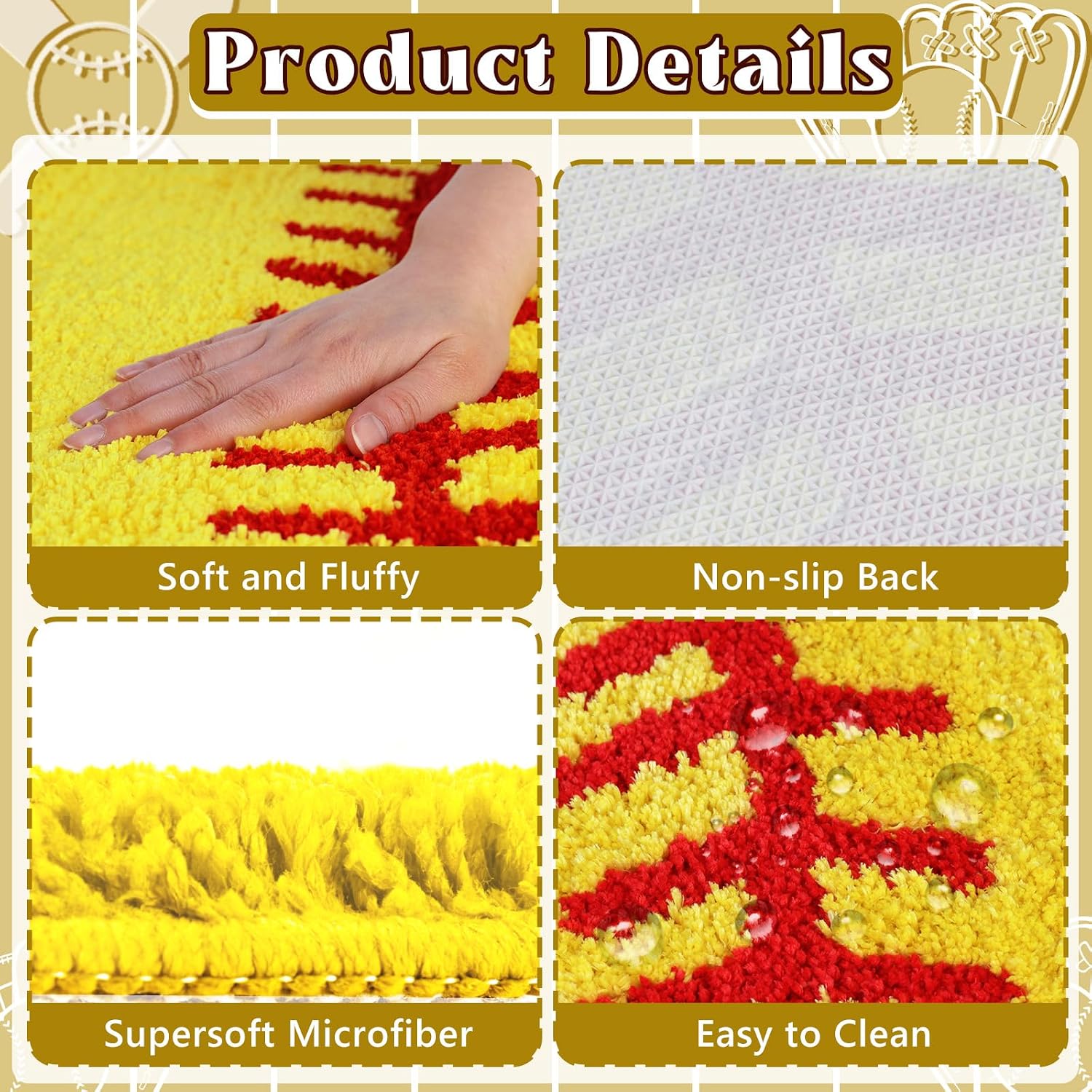 31.5 Inch Round Softball Rug Yellow Sports Carpet with Non-Slip TPR Backing Soft Washable Area Rug for Girls Bedroom Living Room Playroom Room Decor Gifts for Softball Lovers Sports Fans