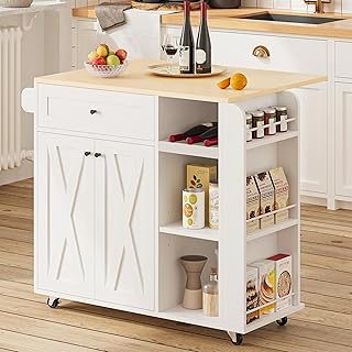 IRONCK Kitchen Island with Drop Leaf and Wine Rack, Rolling Kitchen Isla...