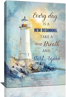 Ocean Lighthouse Pictures Wall Art, Coastal Nautical Bathroom Wall Decor Every Day is a New Beginning Motivational Quote Framed Painting Canvas Artwork for Bedroom Living Room Decorations 24"L x 16"W