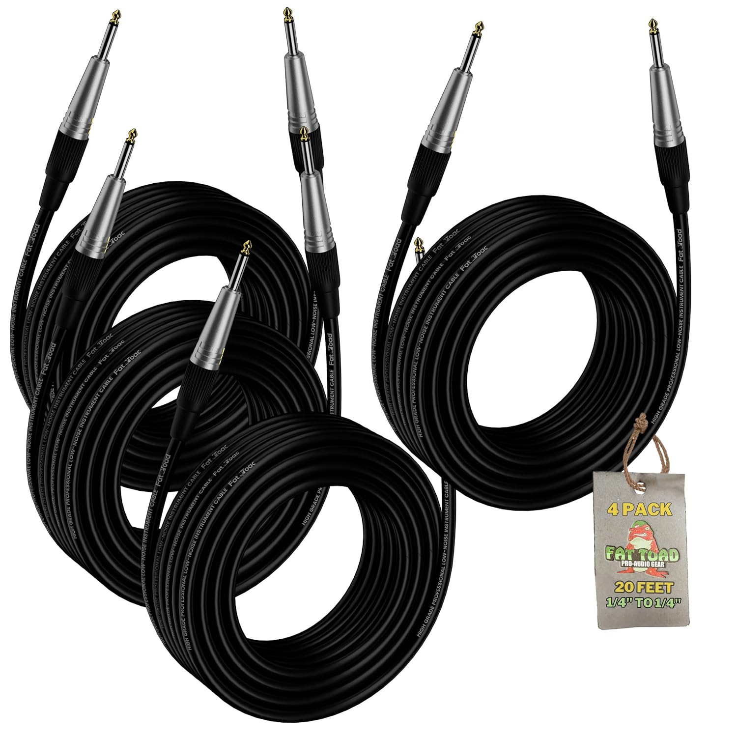 Fat Toad 20ft Guitar Cables (ShieldedPRO X Series) 4-Pack – 1/4" Straight-End Instrument Cords with 24 AWG Wire for Bass, Amps, DJ, Studio & Keyboard Use