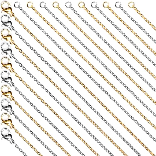 20 Pack, Bulk Fadeless Stainless Steel Chains for Jewelry Making 2mm, Hypoallergenic, Silver & Gold Plated Necklace Findings, Accessories (Silver & Gold Plated)