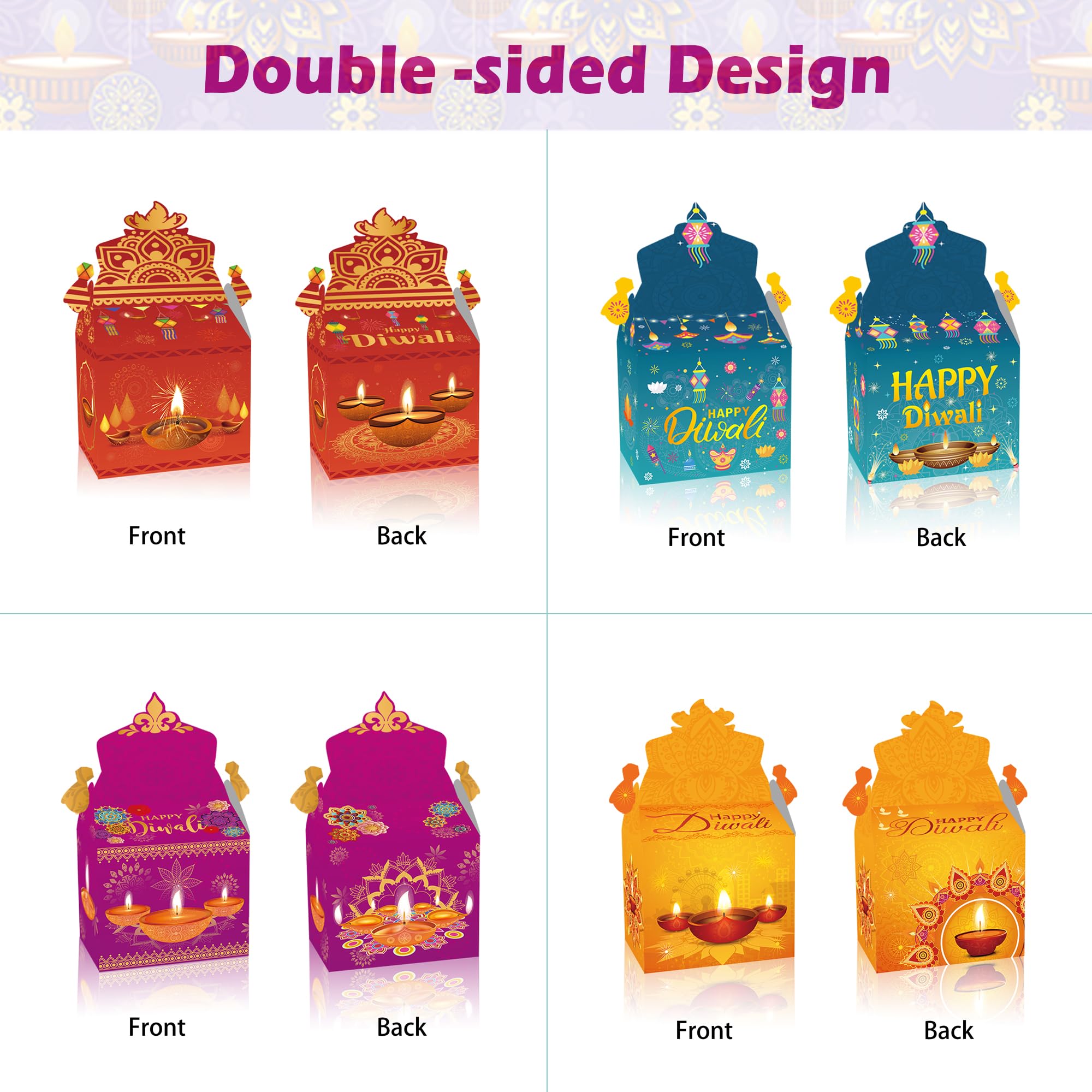 12 Pcs Happy Diwali Treat Box Indian Sweets Gift Box Gable Boxes Diwali Deepavali Party Favors Candy Goodie Box Snack Packaging Box for Indian Lights Festival Diwali Party Decorations Supplies - Image 3