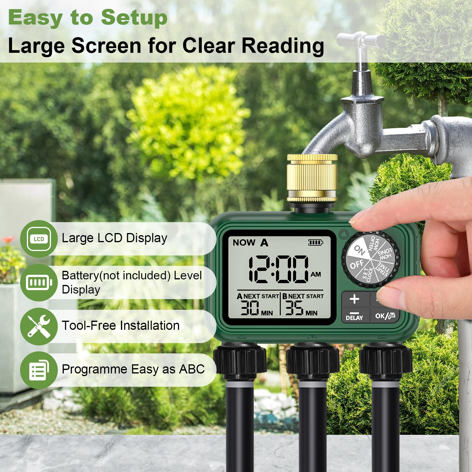 Sprinkler-Timer, großes LCD-Display, 3-Zonen, Wasser-Timer, mit Regenverzögerung, manuelles und automatisches Bewässerungssystem für Gartenschlauch-Wasserhahn, Outdoor-Bewässerungssteuerung