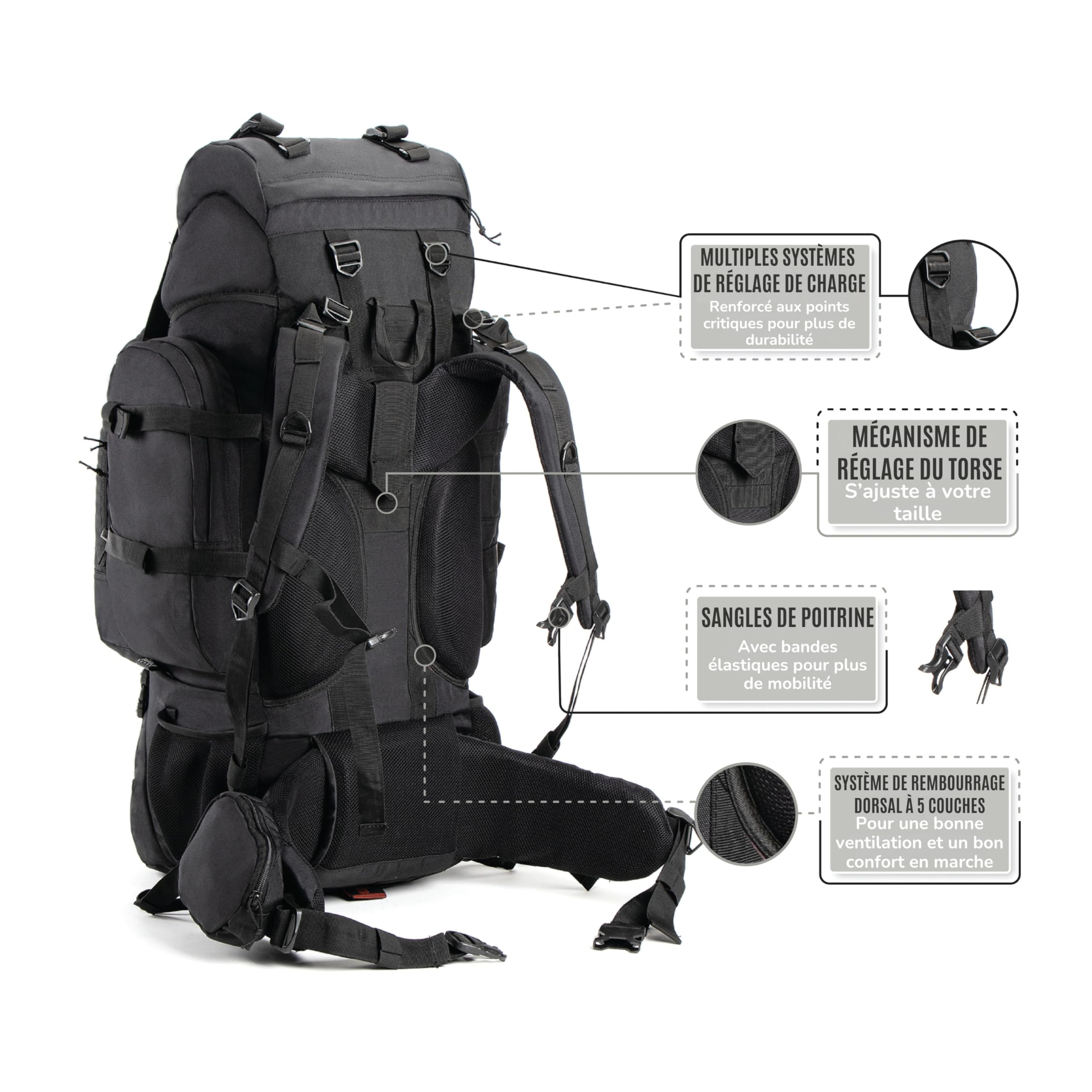 Tripole Colonel Sac à Dos 95L Voyage & Randonnée avec Sac de Jour Amovible 12L – Pour Femmes et Hommes, Sac à Dos Étanche avec Cadre Interne et Housse de Pluie, Camping & Trekking – Noir