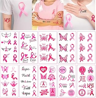 HOWAF 10 Sheets Pink Ribbon Tattoo Stickers, Pink Ribbon Breast Cancer Awareness Temporary Tattoos Breast Cancer Tattoos Fake Tattoo for Women Breast Cancer Awareness Decorations Party Favor Supplies