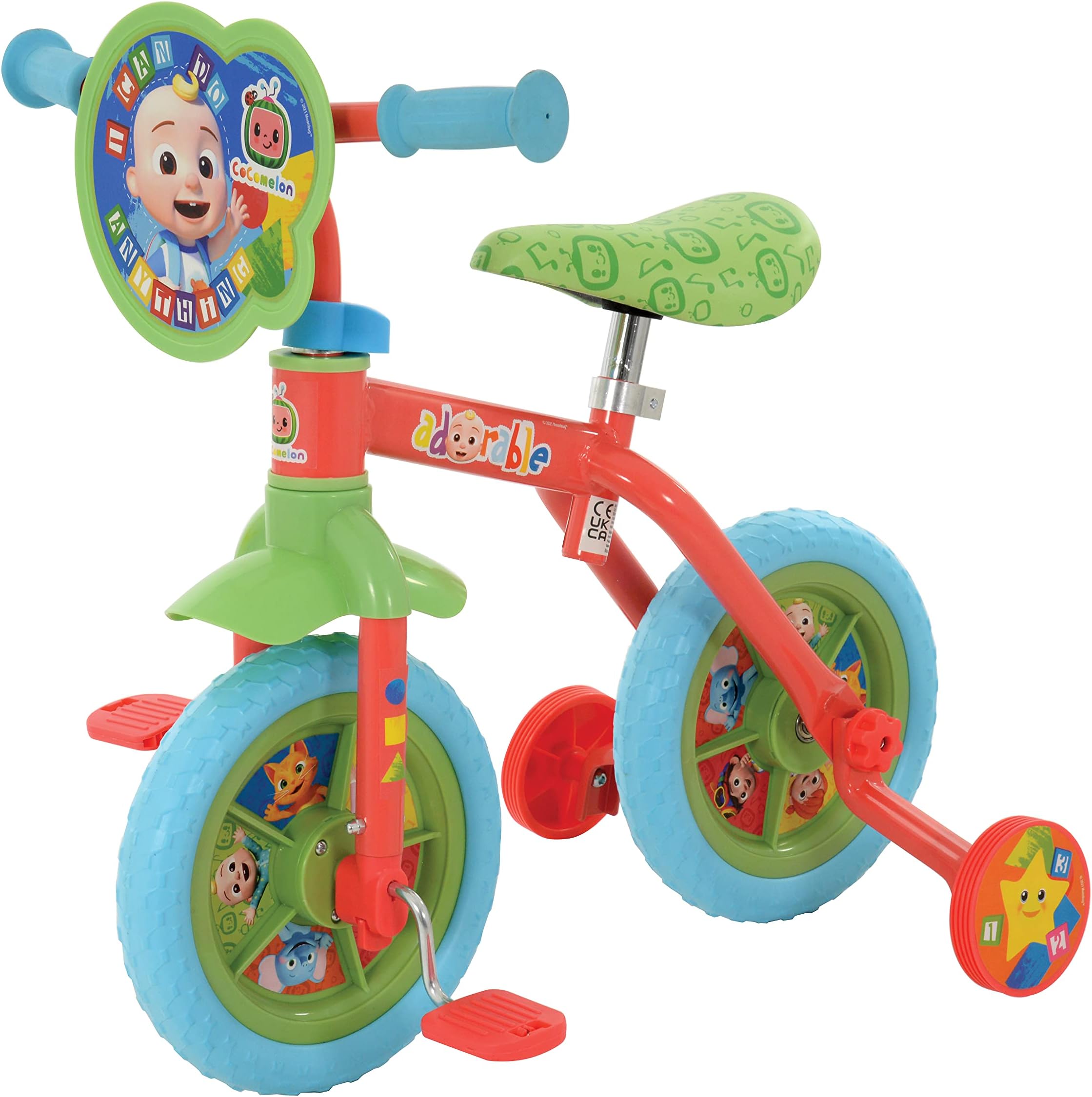 CoComelon M004527 2-In-1 Training Toddler Bike - Convertible Training Bike for 2+ Years Girls and Boys with Removable Pedals and Stabilisers - Adjustable 10 Inches Bikes Multicoloured 63x40x58cm