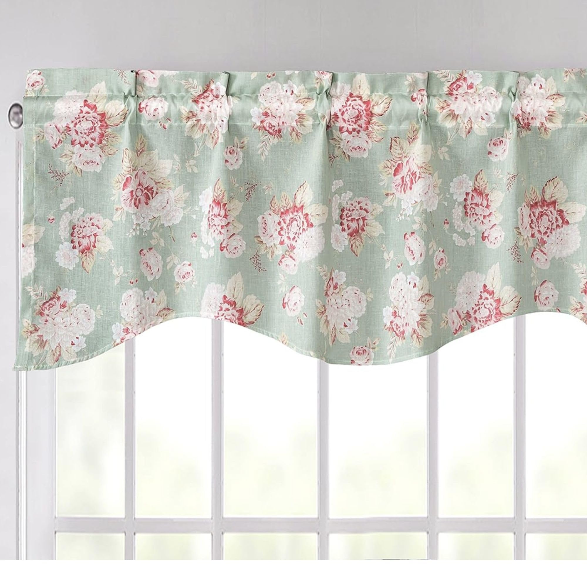 Floral Window Curtain Valance - Semi Sheer Natural Lighting Botanical Scalloped Tailored Edge - Hint of Mint Dainty Light Pastel Seafoam Green Pink Roses Kitchen Decor - 18" x 52"