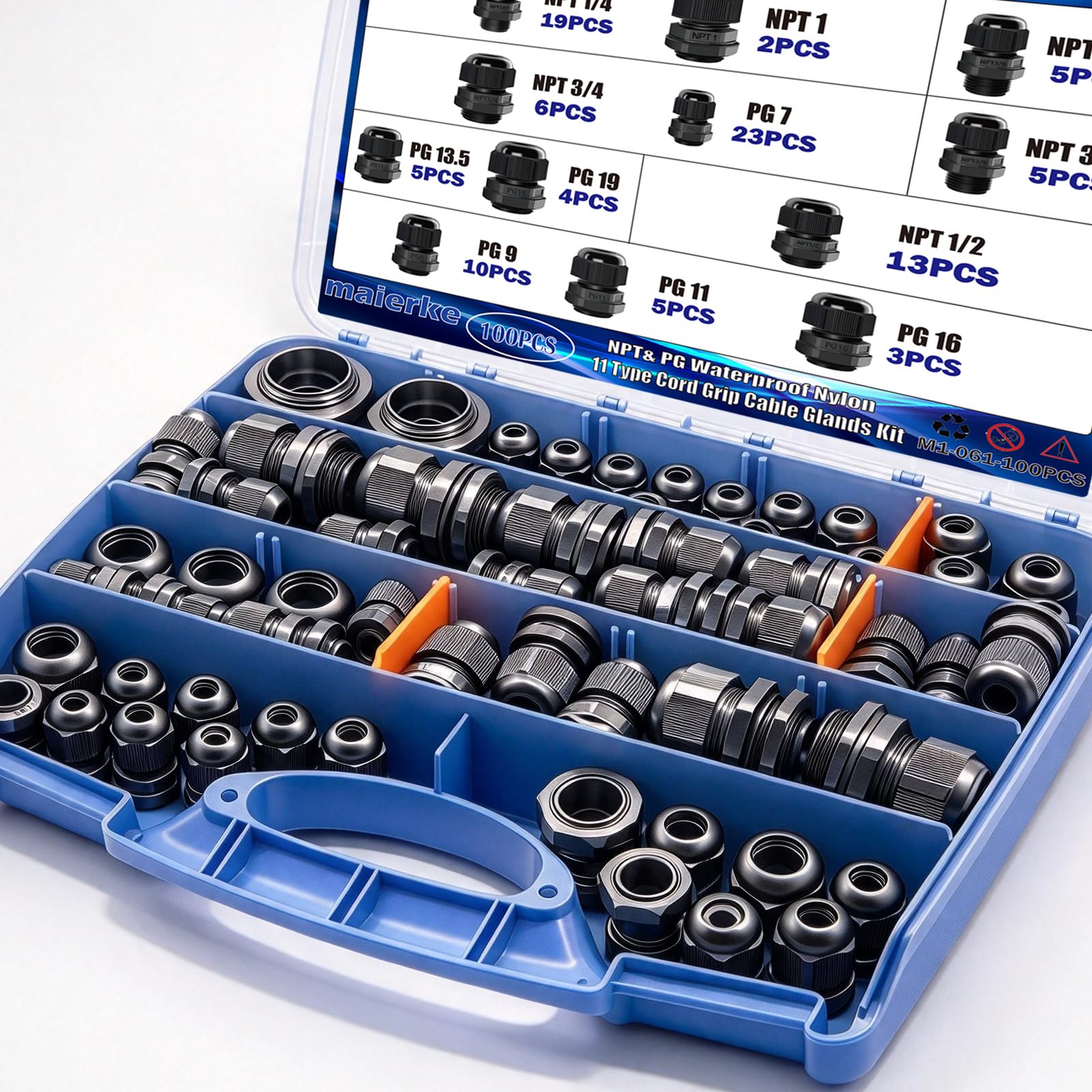 100PCS IP68 Waterproof Cable Gland Kit,Nylon Cable Glands Assortment Adjustable NPT 1/4” 3/8” 1/2” 3/4” 1” PG7 PG9 PG11 PG13.5 PG16 PG19 with Gasket for Waterproof Junction Box Wire Connect