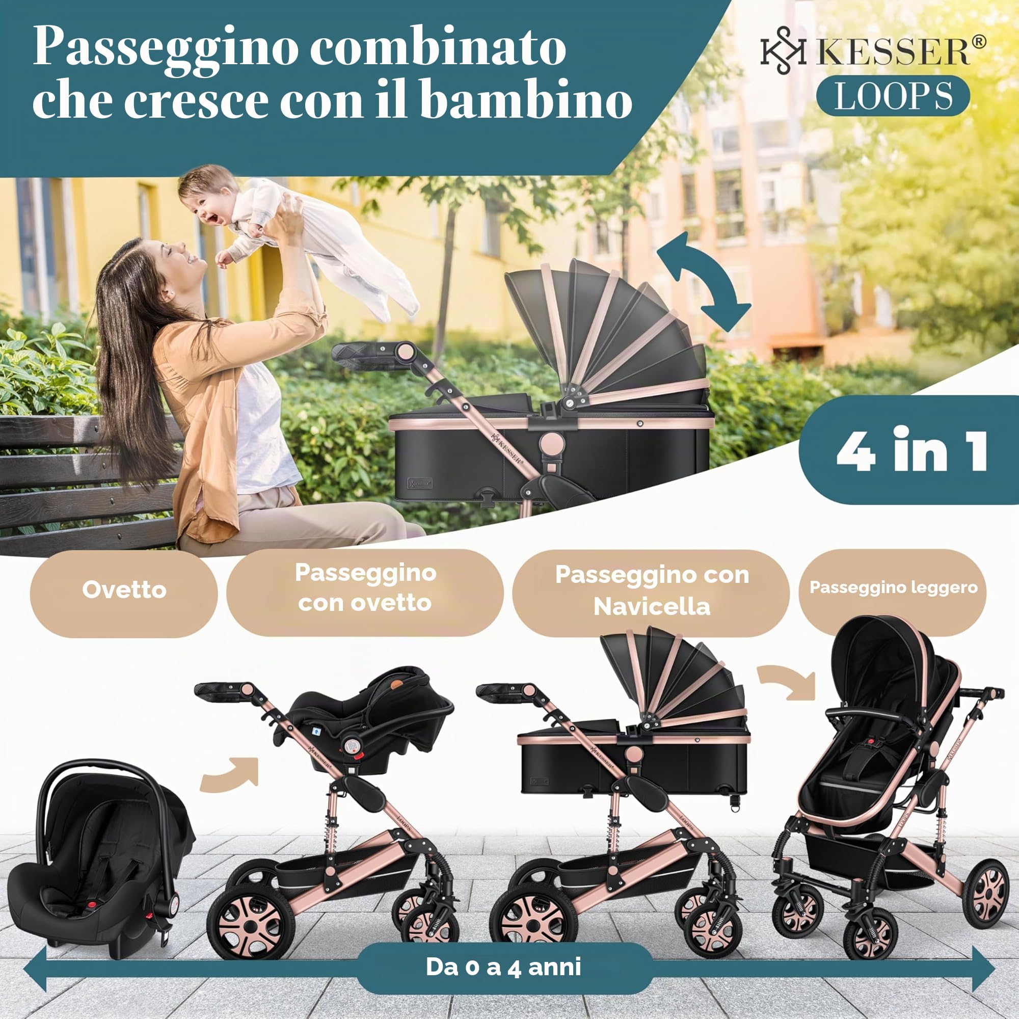 KESSER Carrozzina 3in1 Loops, Combinata con navicella, Seggiolino auto, Nero/Oro Rosato