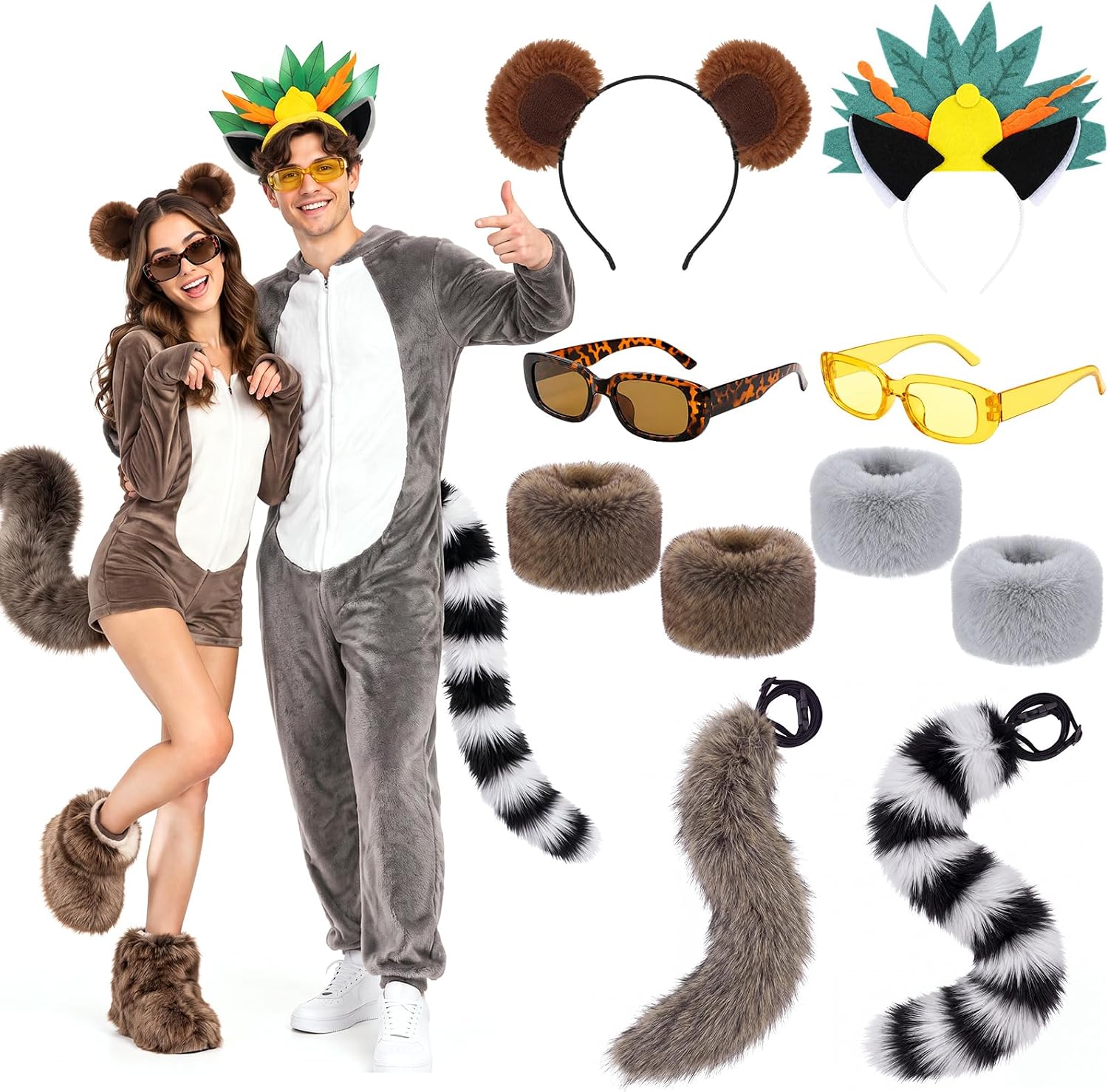 8 Pcs Halloween Ring Tailed Lemur and Mouse Lemur Couple Costume