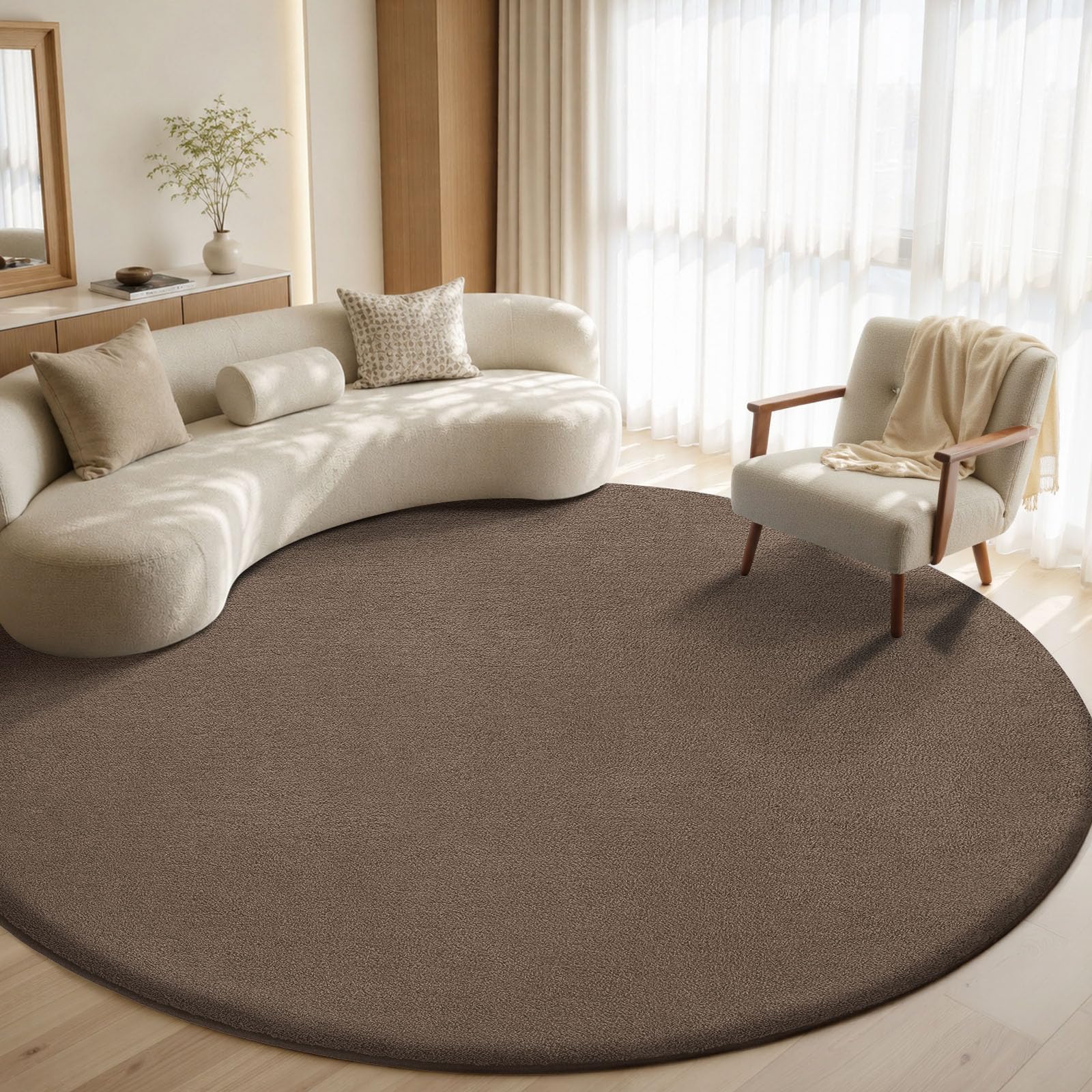 Sour Lemon Rugs Living Room 120cm Round, Taupe Shaggy Fluffy Area Rug, Non Slip Bedside Rug, Short Pile Soft Runner Rugs, Washable Modern Floor Carpets for Kids Room Bedroom Hallway Entryway